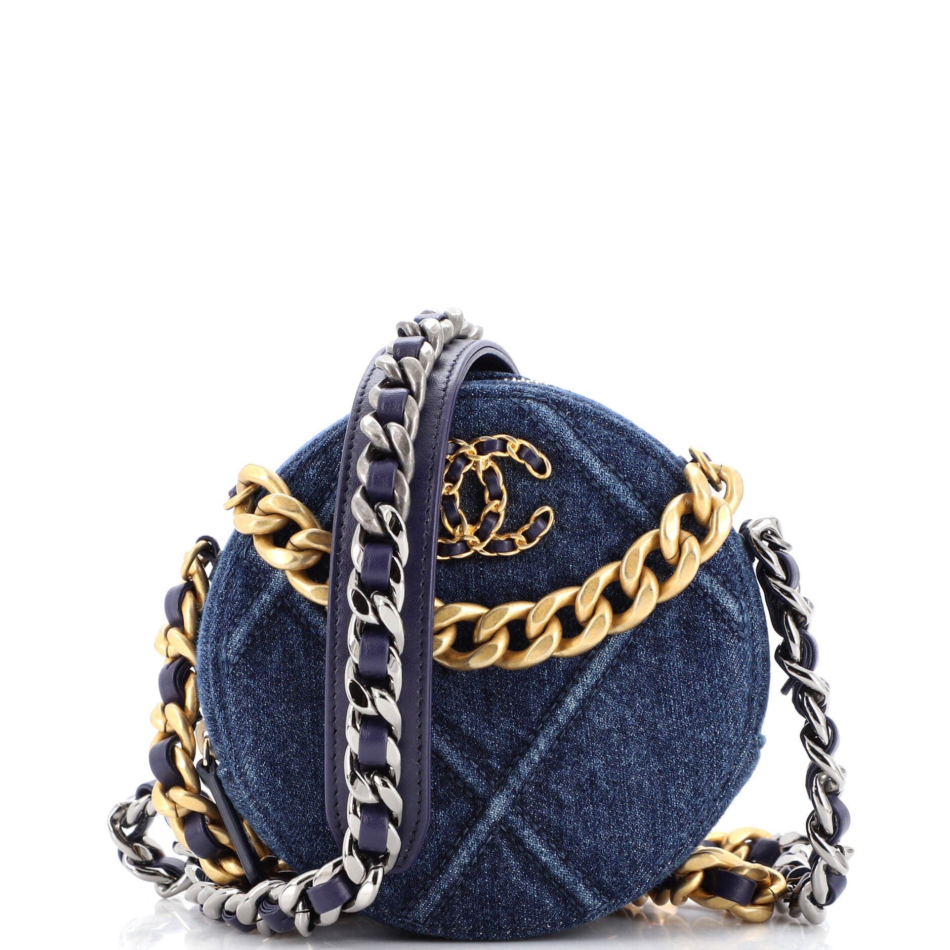 19 Round Clutch with Chain Quilted Leather
