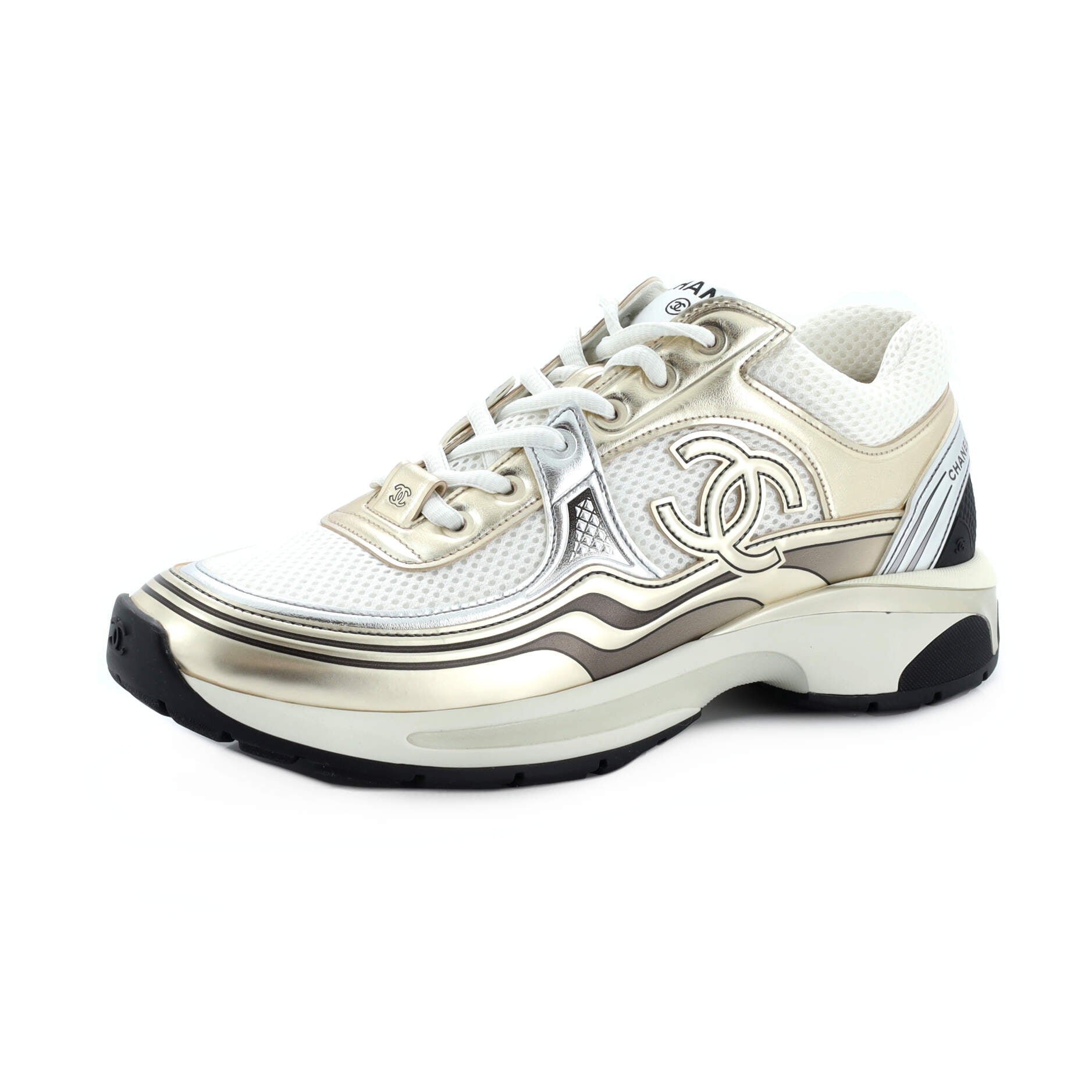 CHANEL Women's CC Low-Top Sneakers Fabric and Laminated Leather