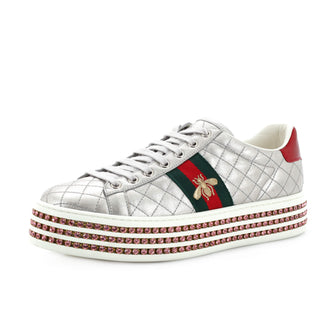 Gucci Women's Ace Web Platform Sneakers Quilted Leather with Crystals Silver