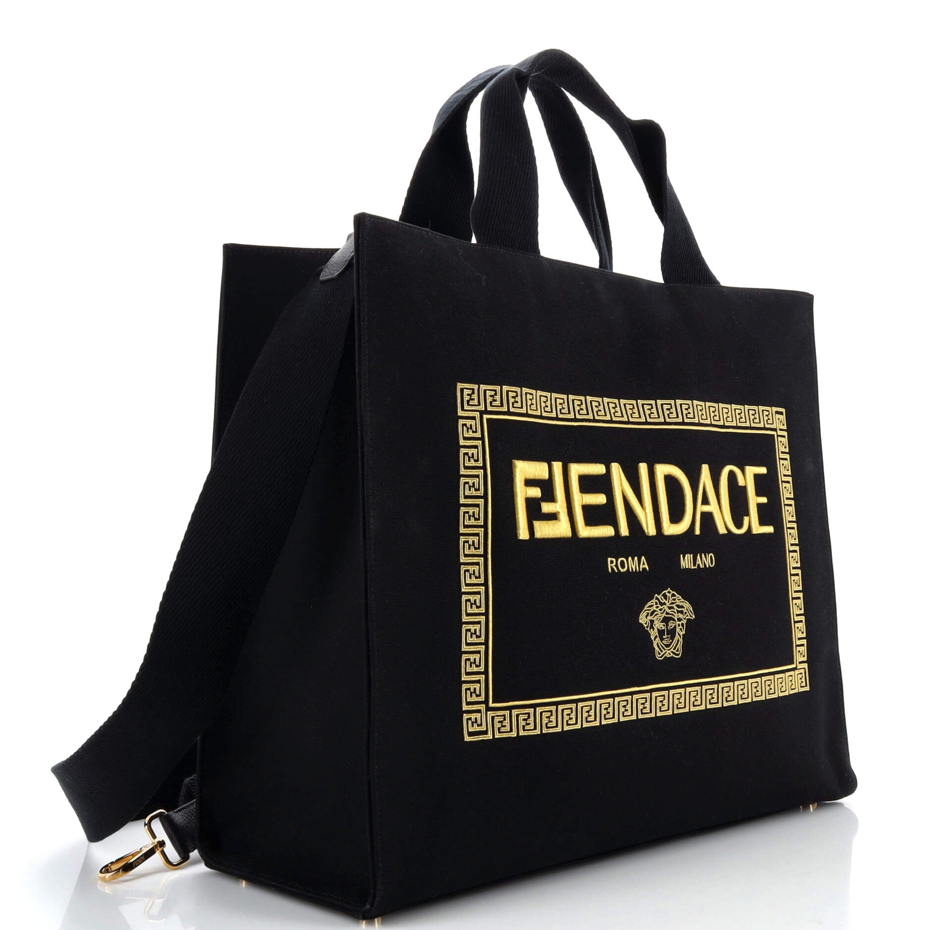 FENDI Canvas Small Boston Bag With Fendi Roma Embroidery