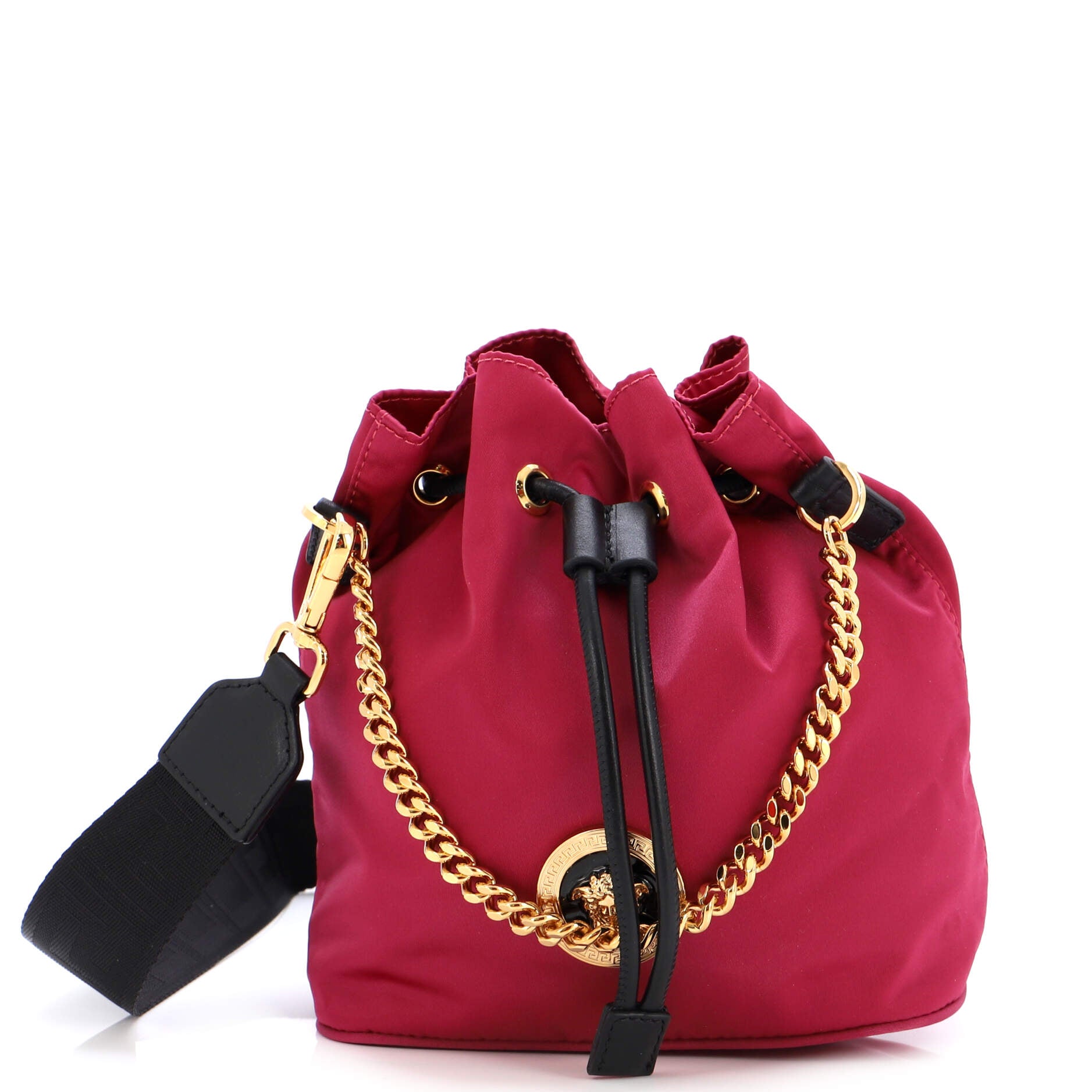 Versace Red Quilted Leather Drawstring Shoulder Bag Bucket Crossbody Handbag