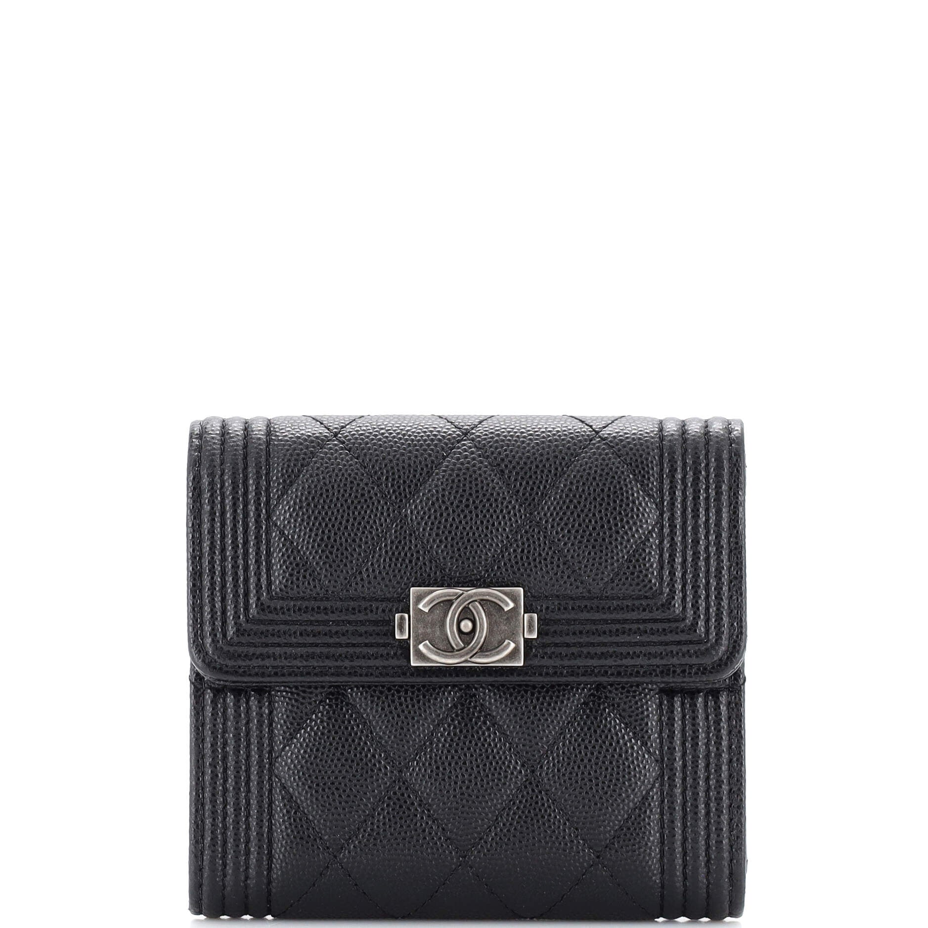 Chanel Black Quilted Caviar Leather Small Compact Flap Wallet