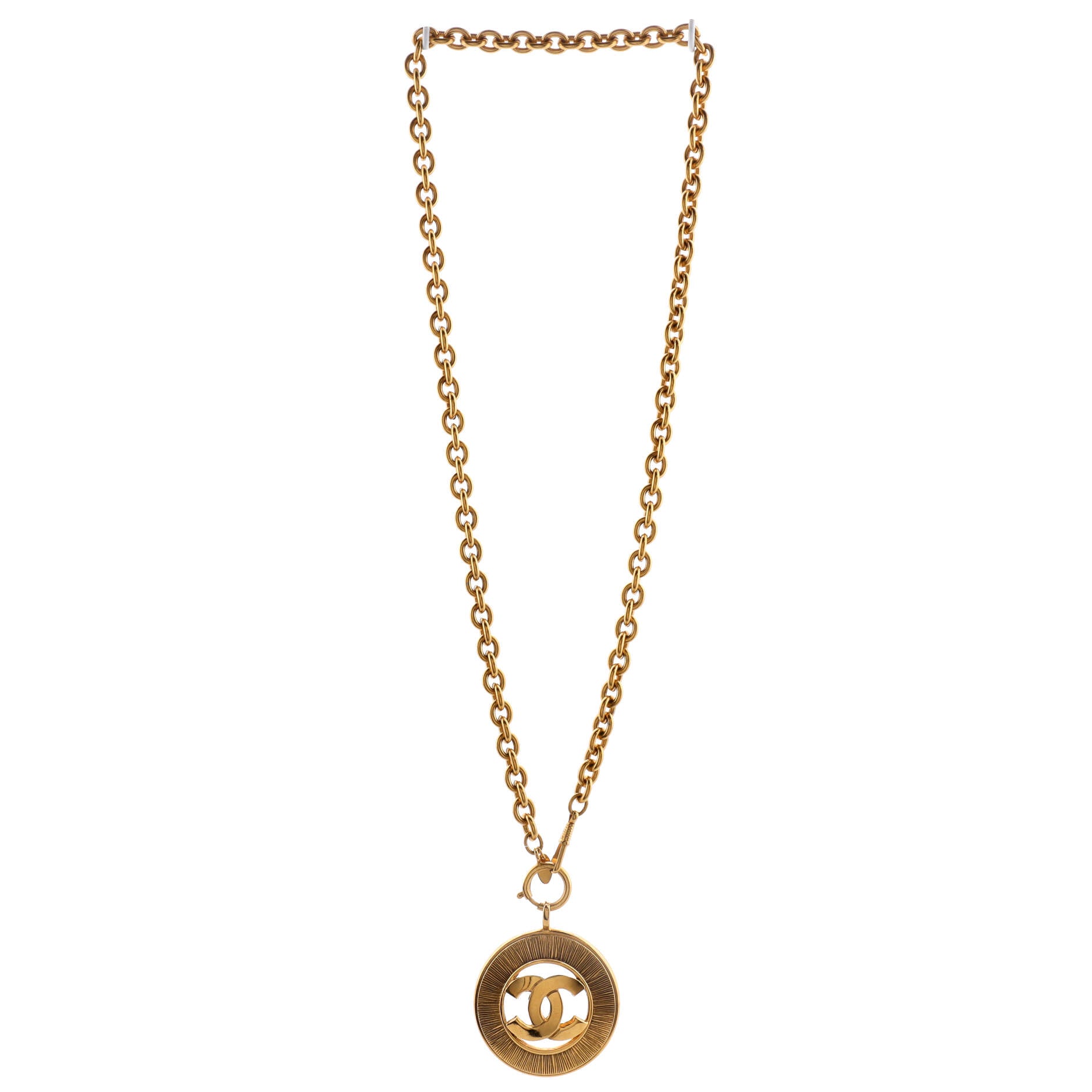 Chanel Vintage CC Logo Cut Out Silver-tone Circular Pendant Necklace