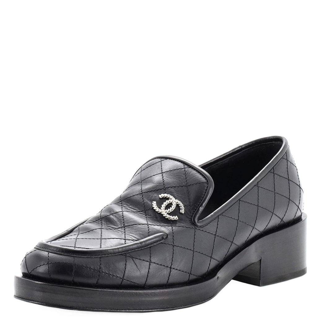 Chanel Black Leather Chain Link Platform Loafers Size 385   upsbatteryplusin