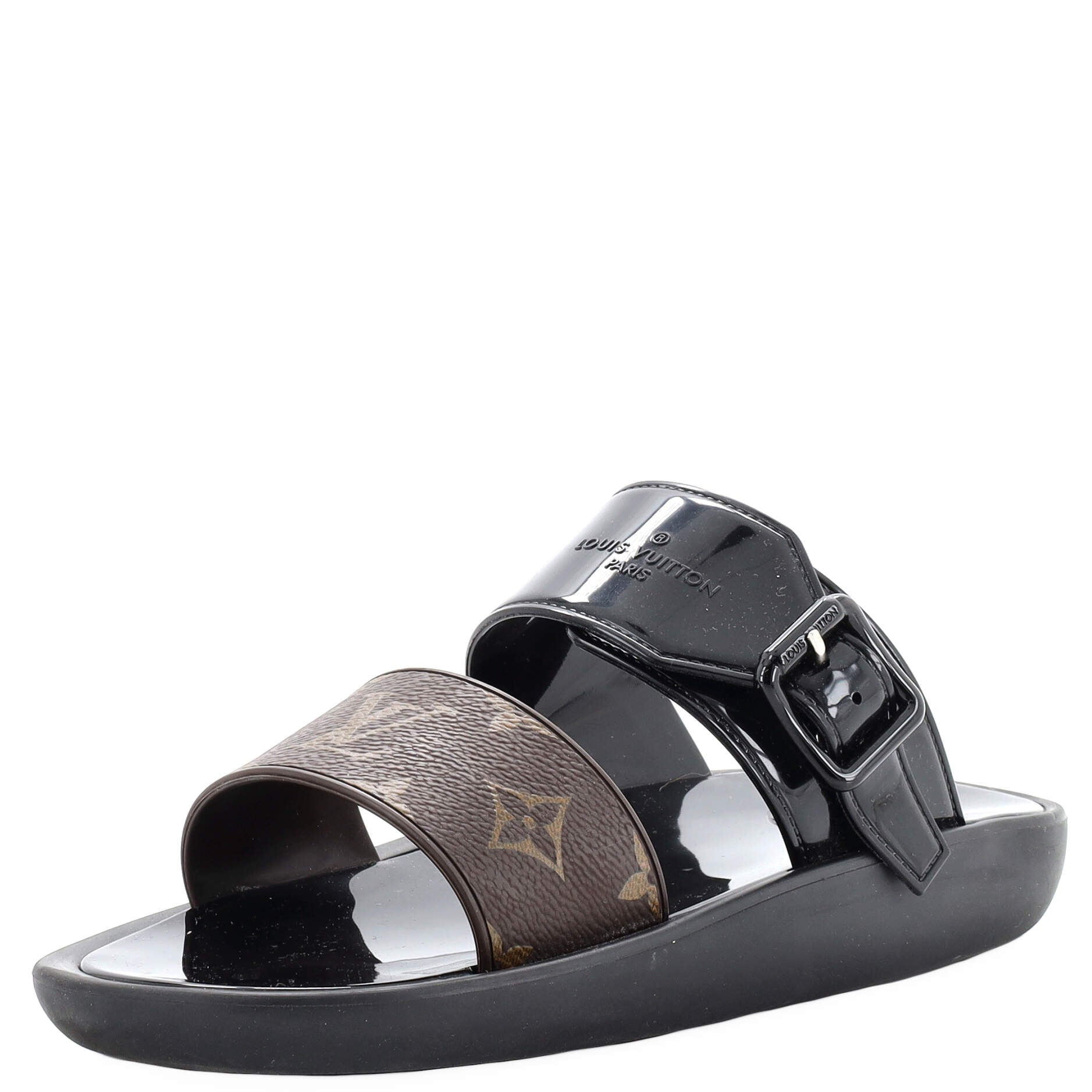 LOUIS VUITTON Monogram Sunbath Flat Mule Sandals 35 Black | FASHIONPHILE