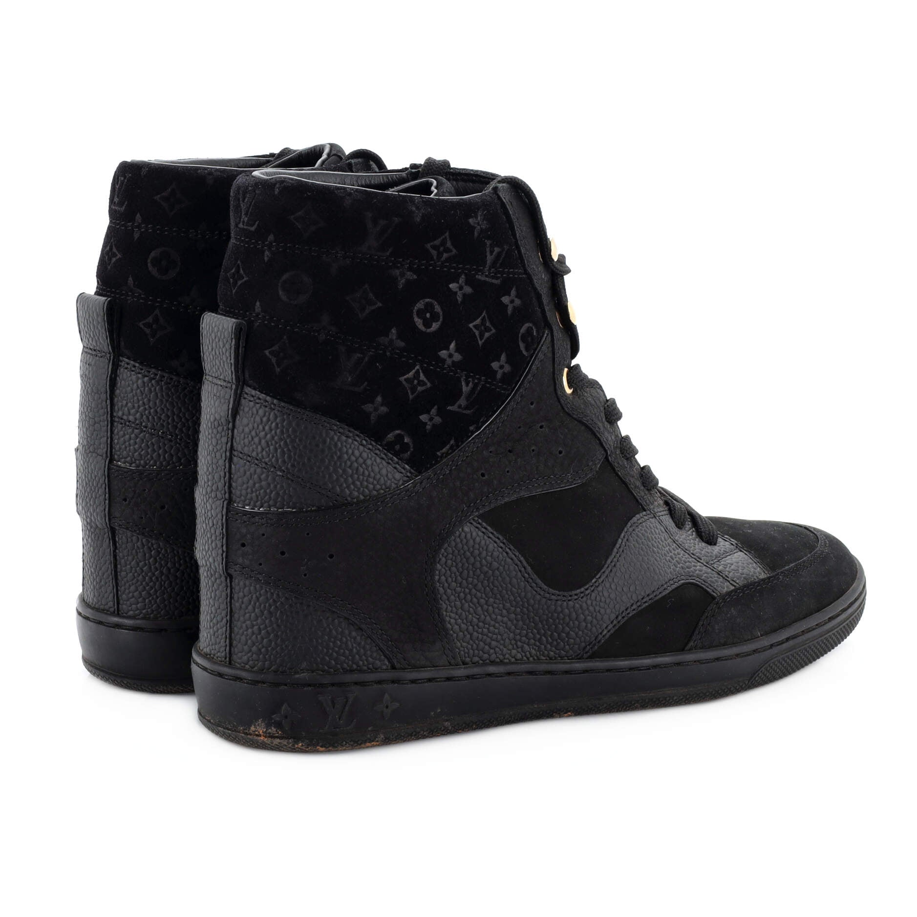 Louis Vuitton, Shoes, Louis Vuitton Black Leather And Embossed Monogram  Suede Millenium Wedge Sneakers