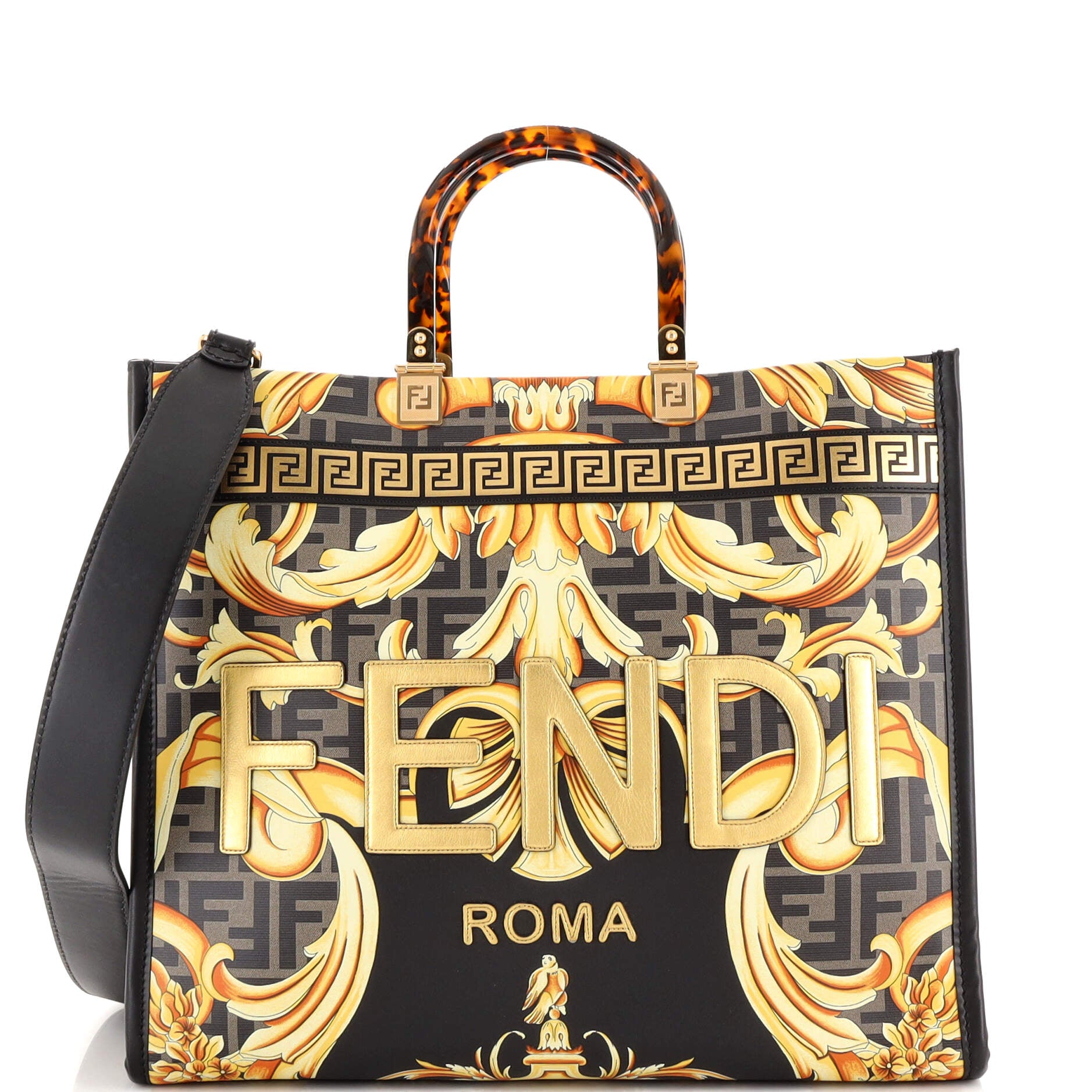 Versace x Fendi Fendace La Medusa Top Handle Bag Printed Laminated Leather  with Leather Medium Black 2108513