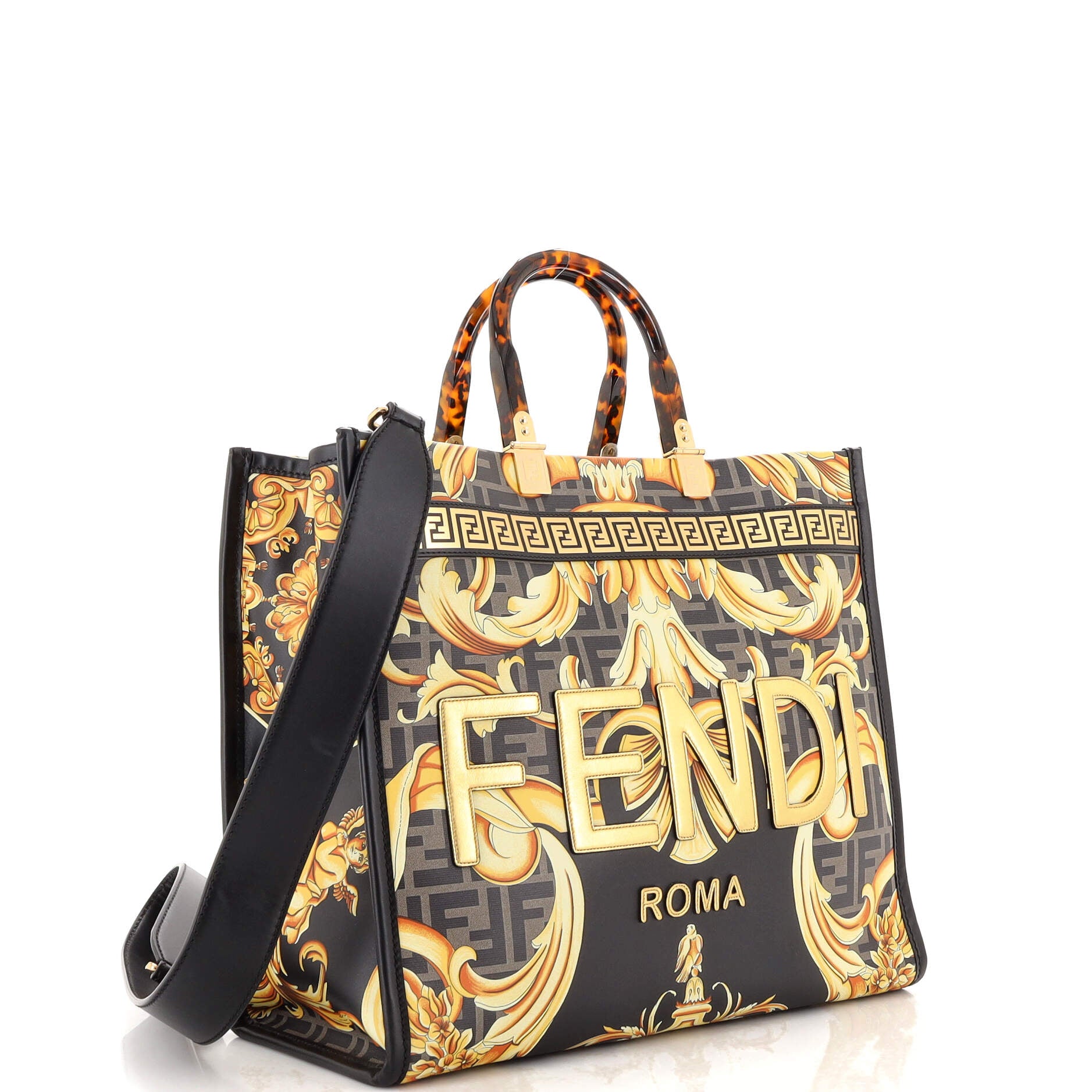 Versace x Fendi Fendace La Medusa Top Handle Bag Printed Laminated Leather  with Leather Medium Black 2108511