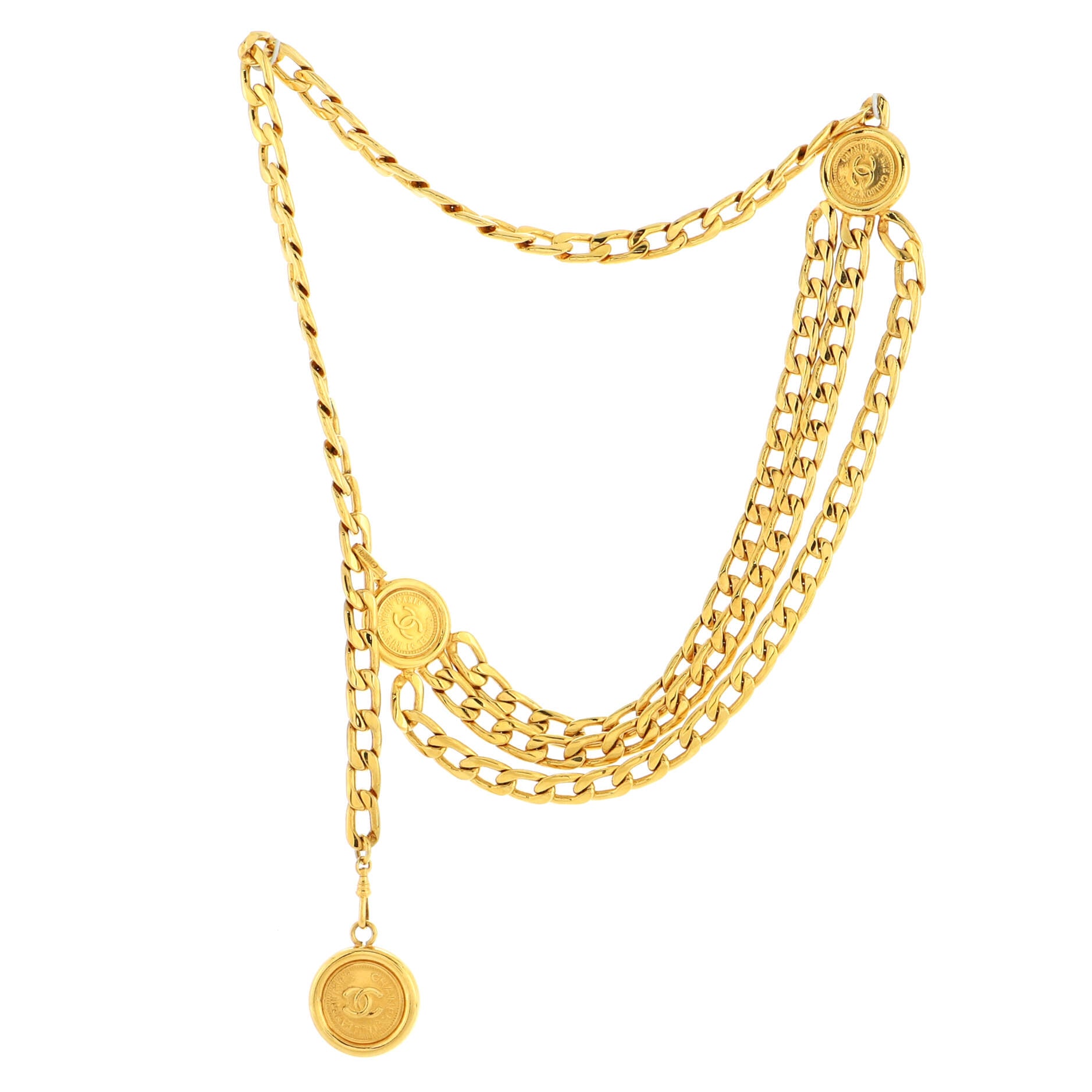 CHANEL THICK CHAIN LOGO PLATE GOLD BELT NECKLACE WITH CHARM MEDALLION