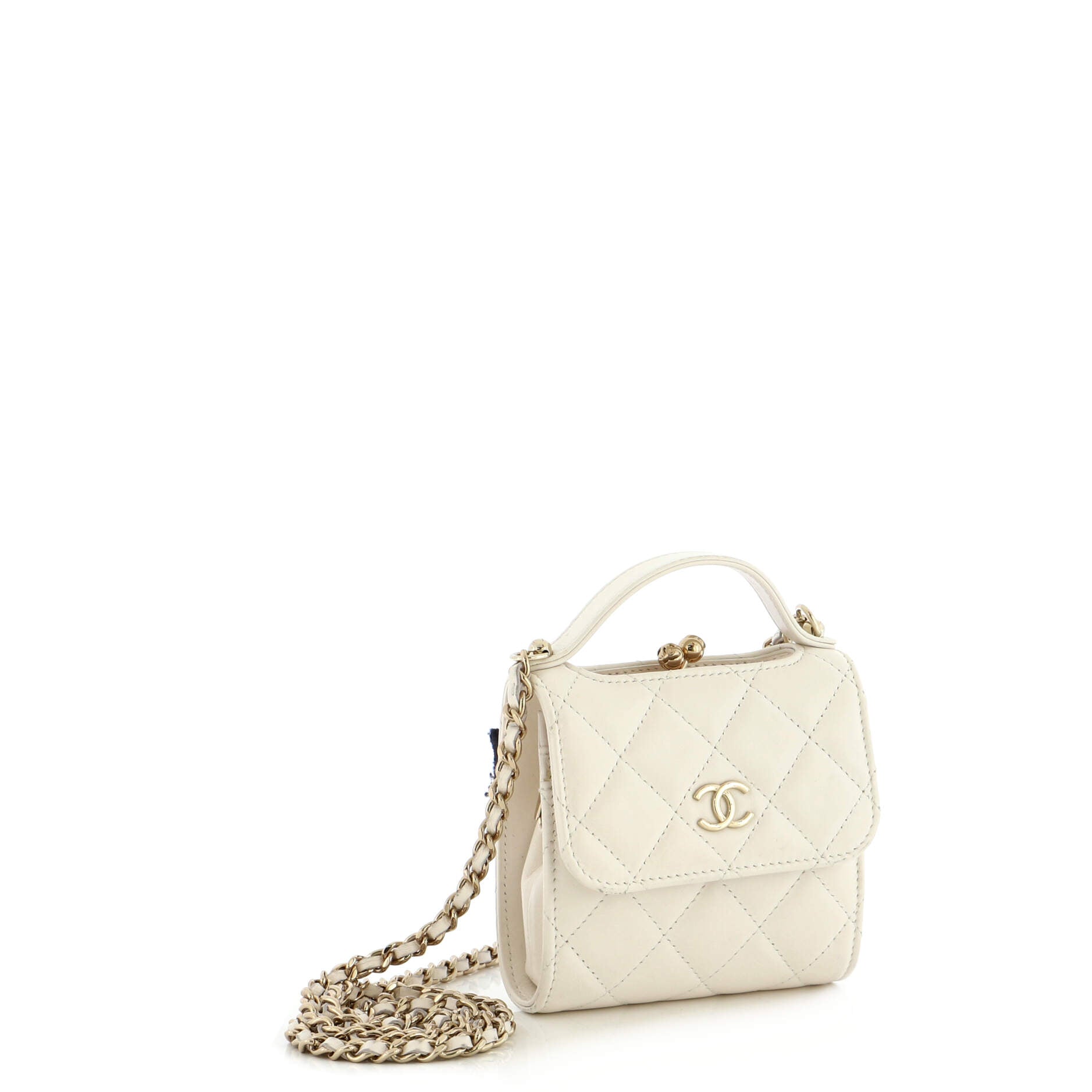 Chanel CC Kisslock Frame Top Handle Clutch with Chain Quilted Lambskin Mini  White 22695718