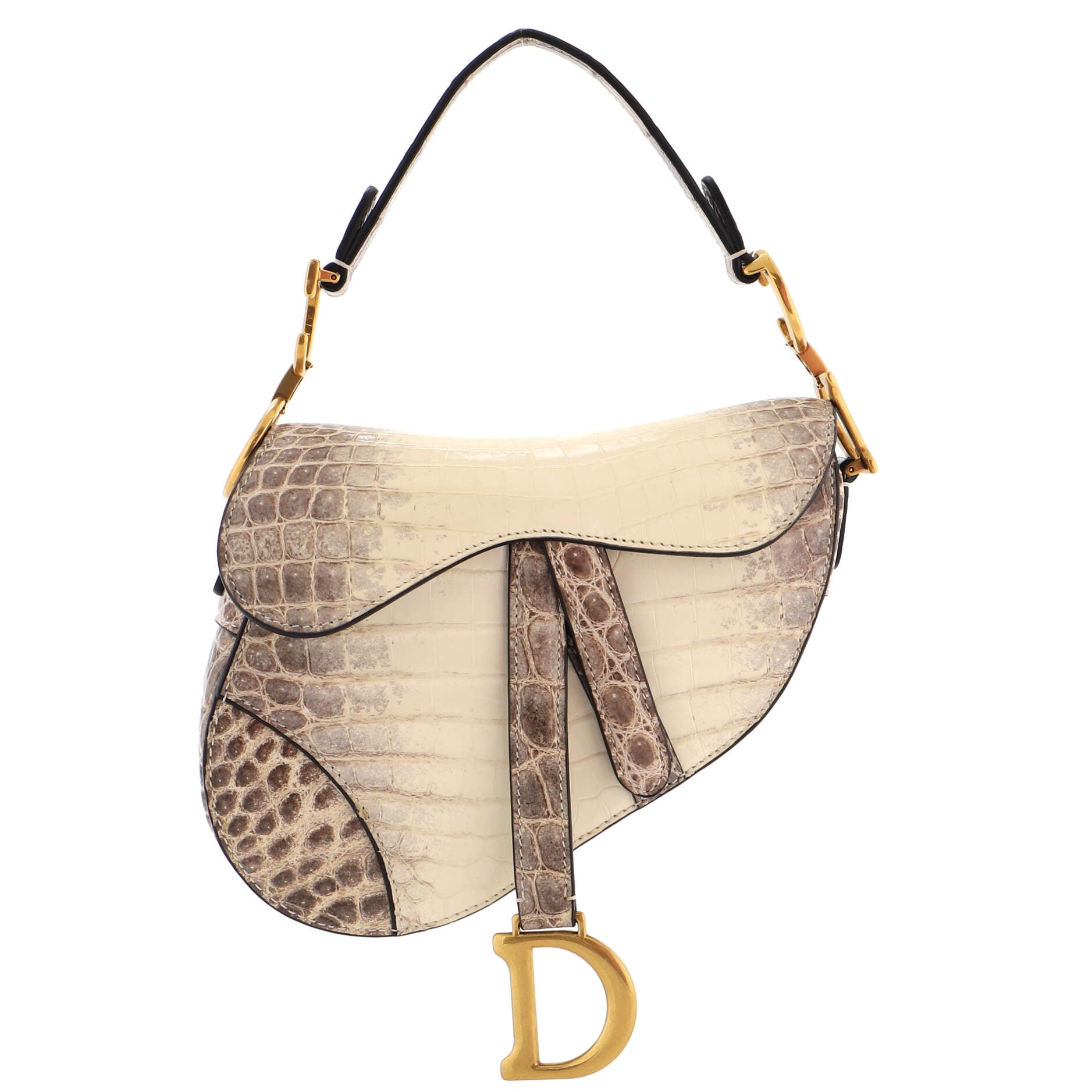 A RARE, WHITE HIMALAYA CROCODILE SADDLE BAG WITH GOLD HARDWARE