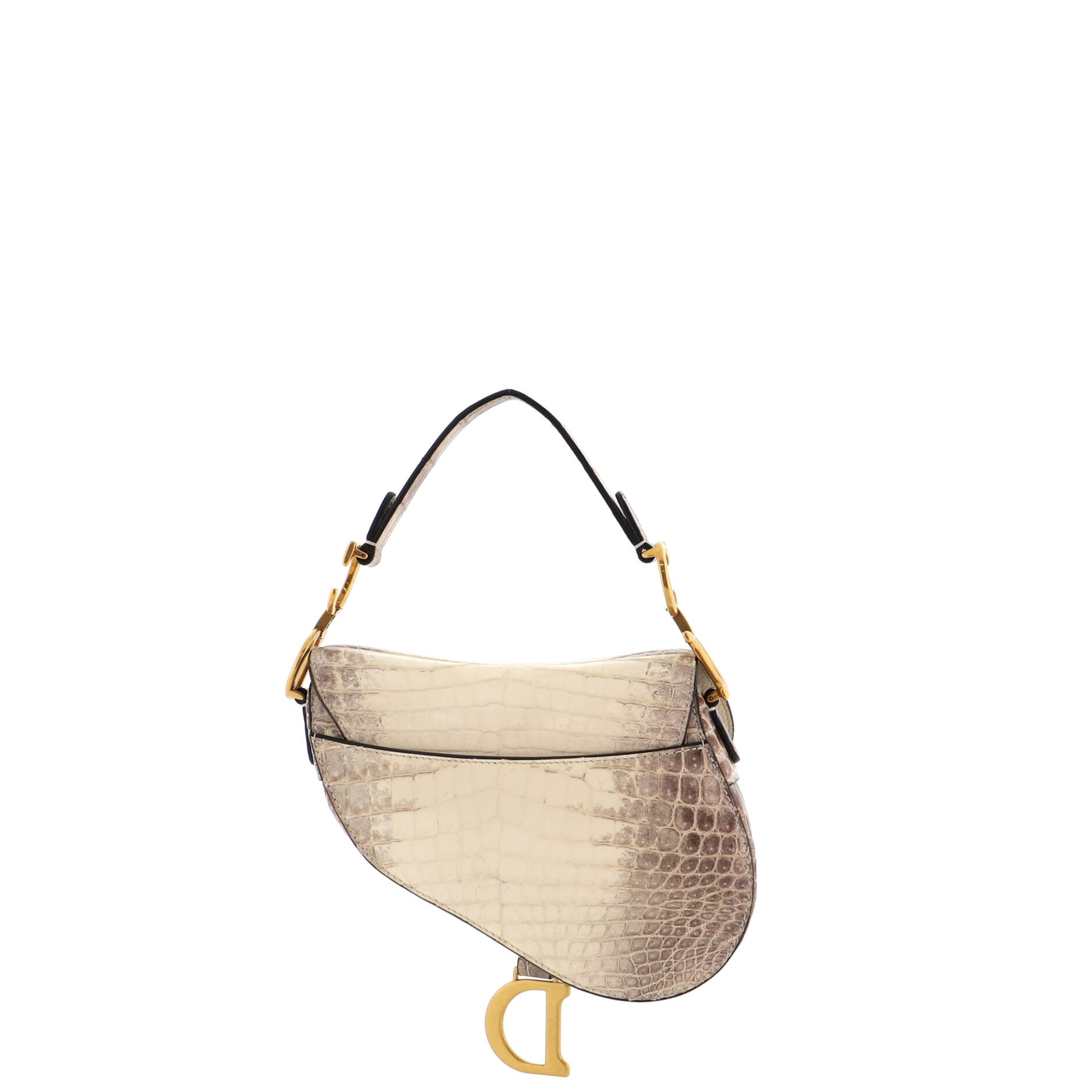 A RARE, WHITE HIMALAYA CROCODILE SADDLE BAG WITH GOLD HARDWARE