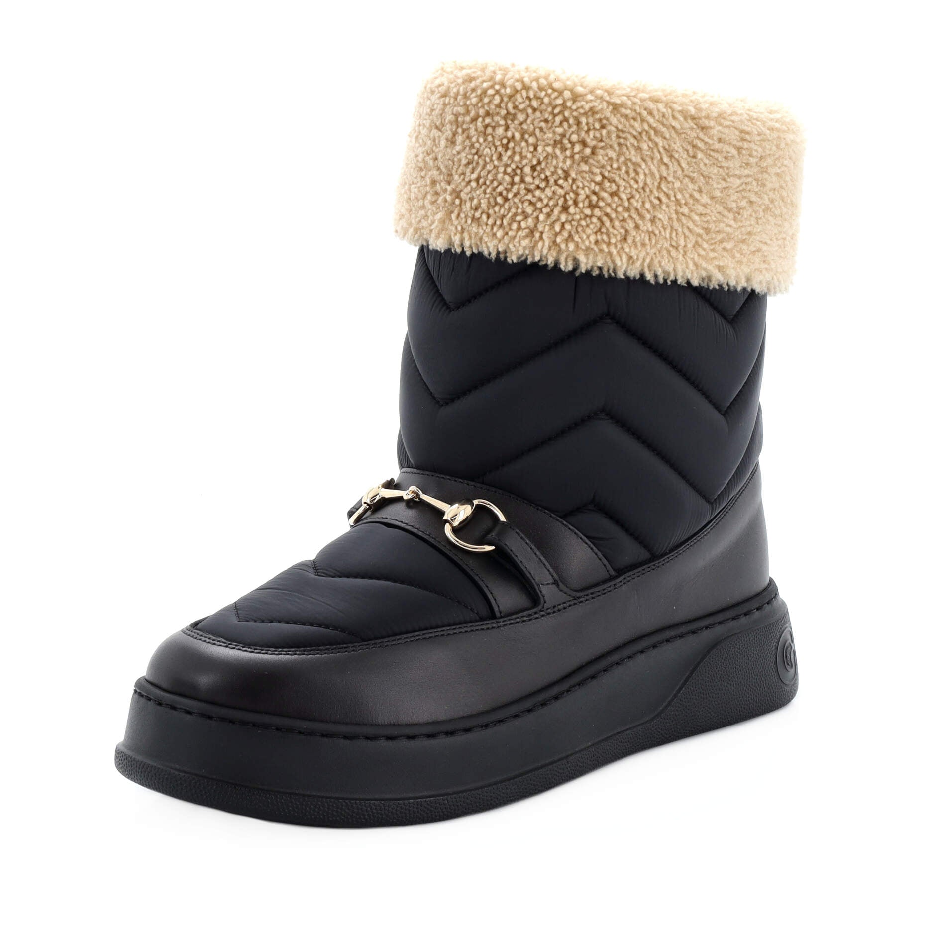Women's Horsebit Cold Weather Flat Boots Matelasse Nylon and Leather with Shearling