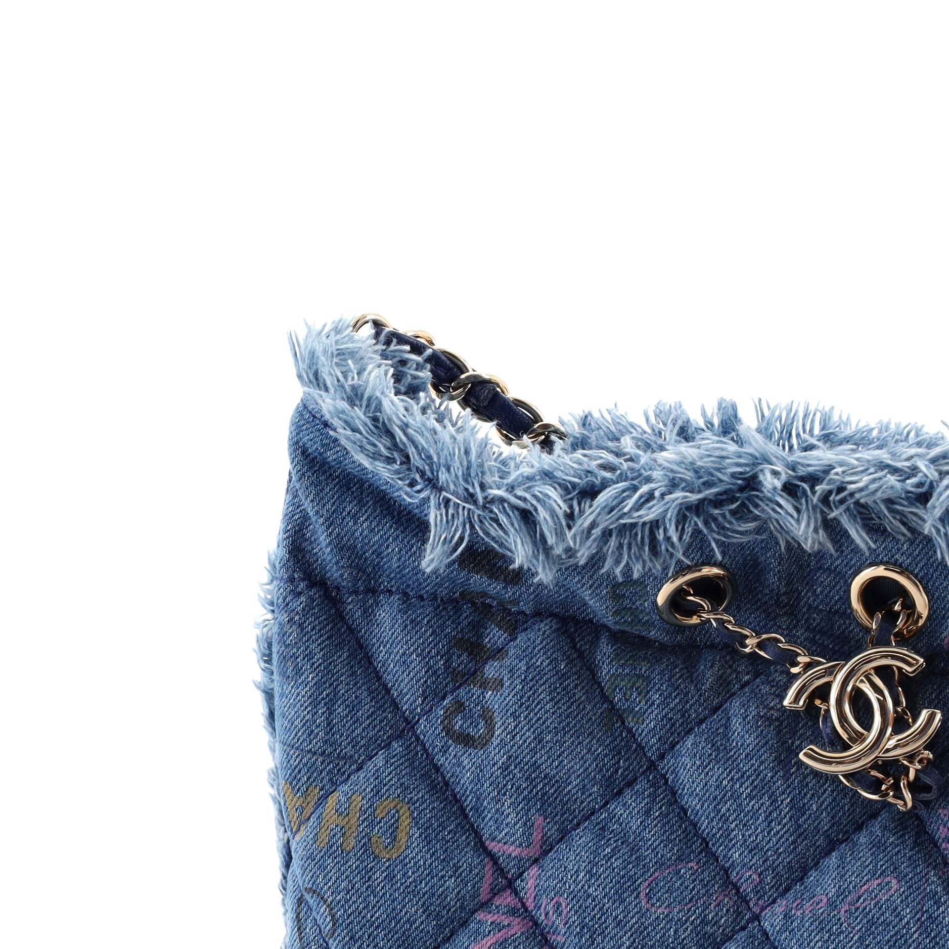 Chanel Denim Mood Chain Bucket Bag Logo Printed Quilted Fringe