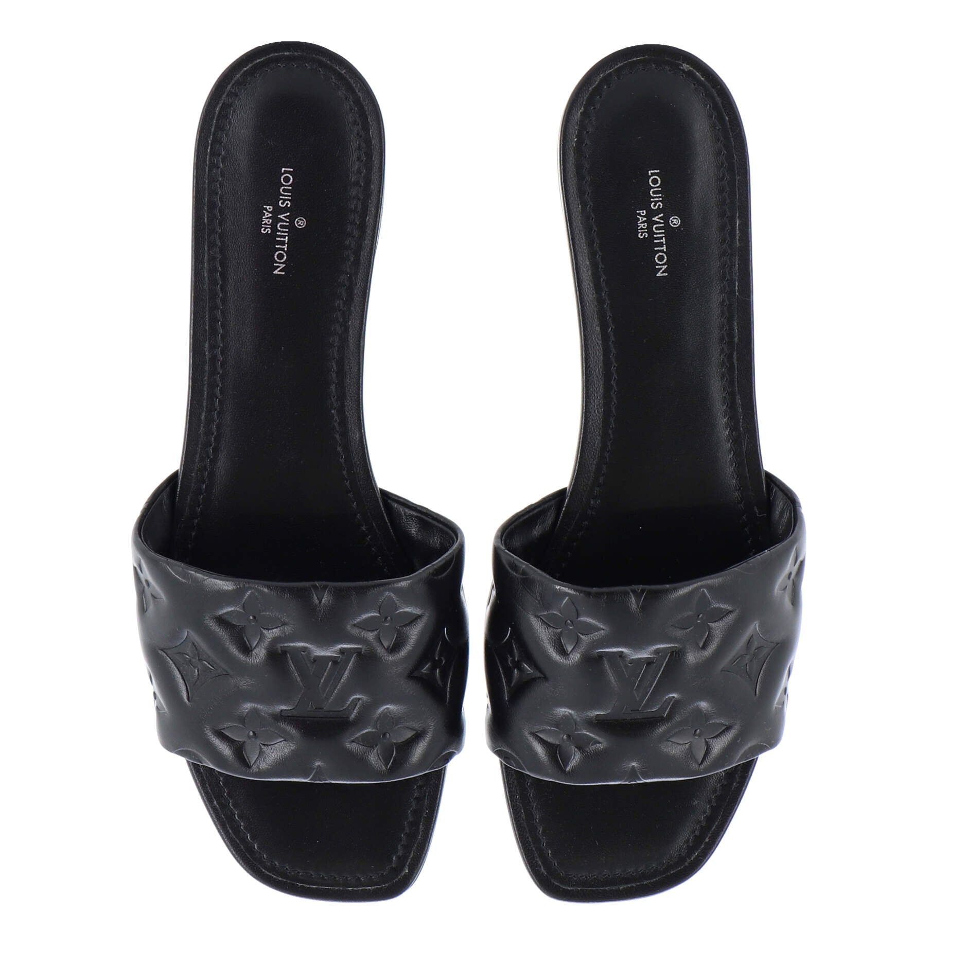 LOUIS VUITTON Lambskin Monogram Embossed Paseo Flat Comfort Sandals 40  Black 1081551