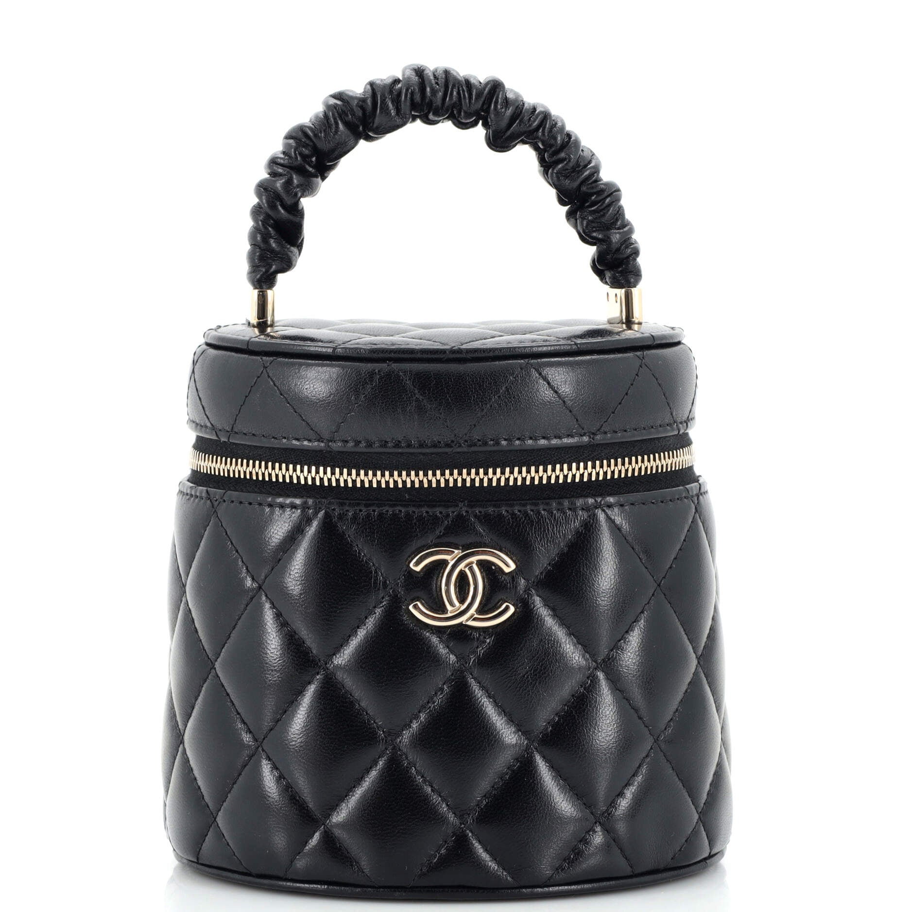 Chanel Dual Zip Quilted Bowling Bag Black Lambskin