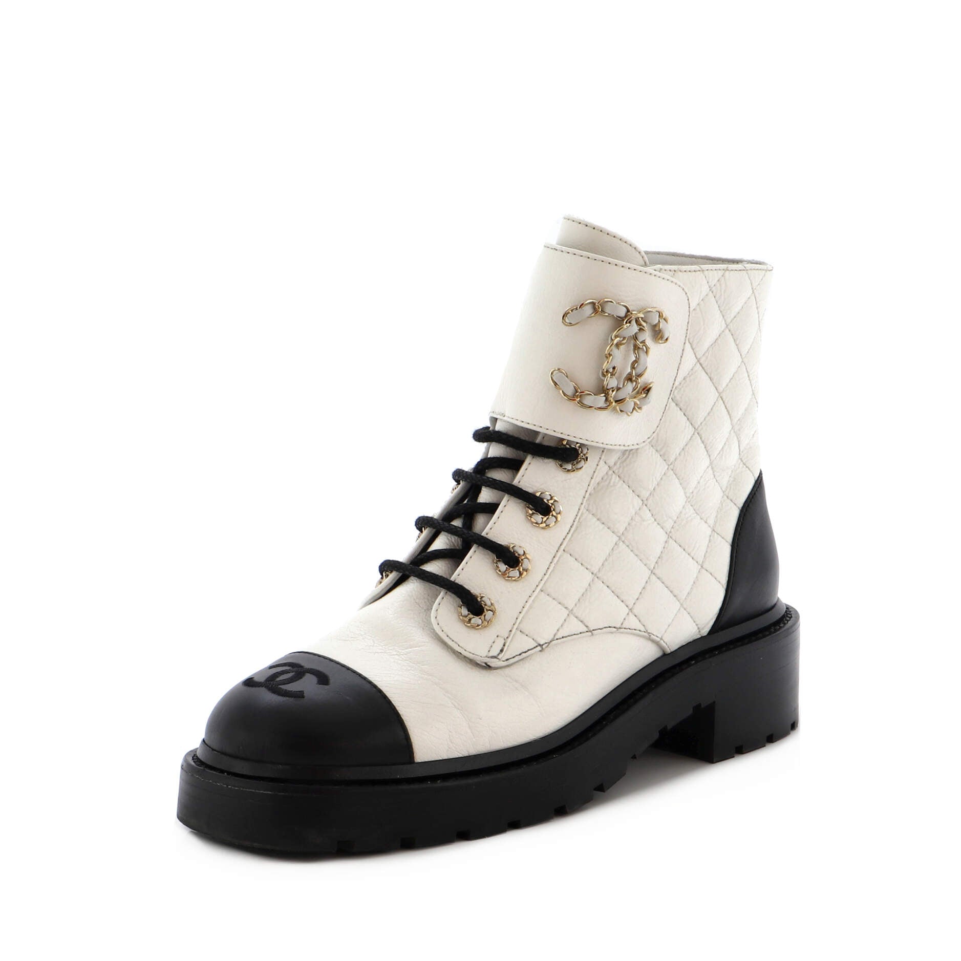 Women's Chain CC Cap Toe Lace Up Combat Boots Quilted Leather