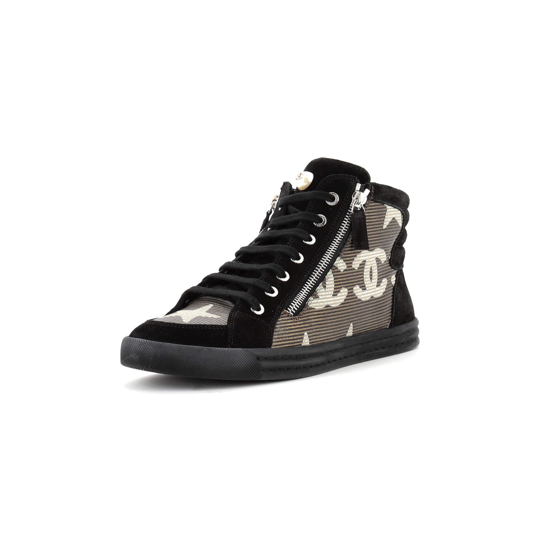 CHANEL Women's CC Double Zip Lace Up Sneakers Printed Leather and 