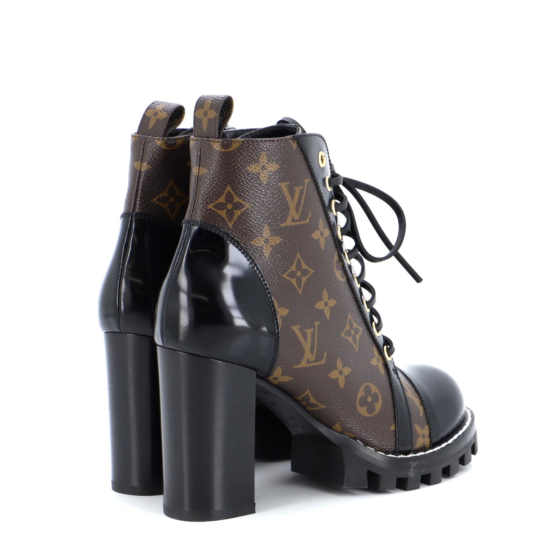 Louis Vuitton boots in red and black patent Monogram canvas