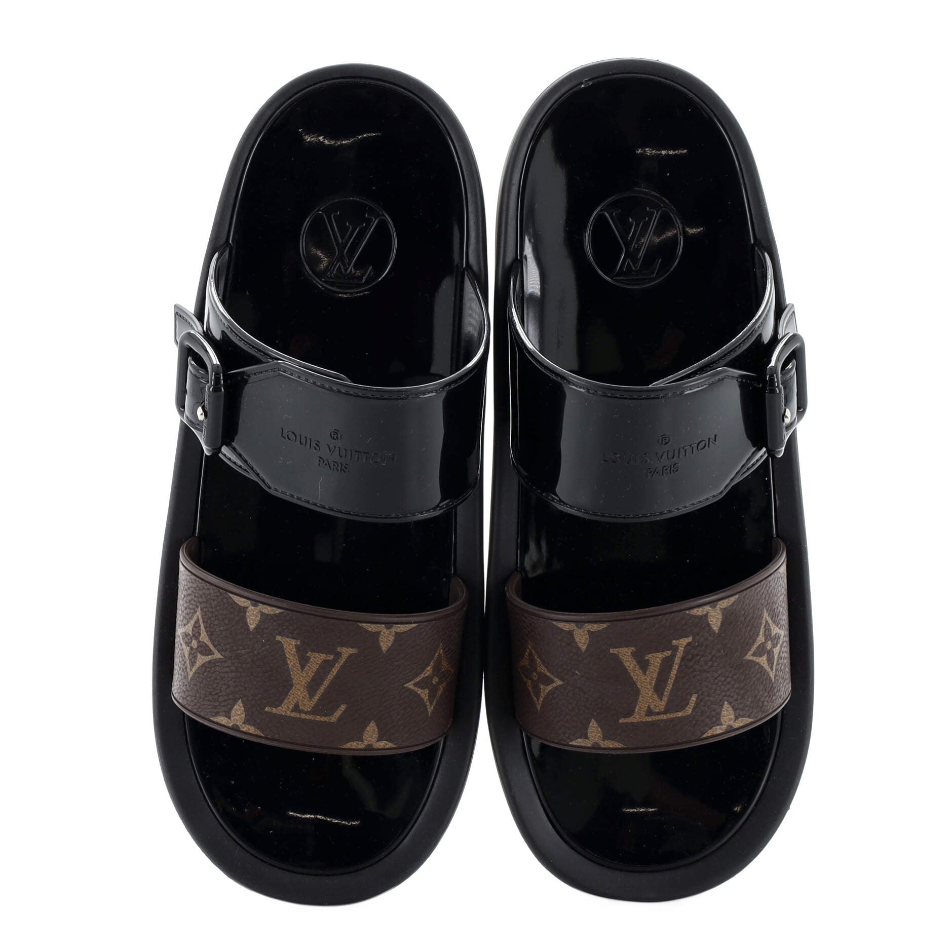 Louis Vuitton Women's Sunbath Flat Mule Sandals Monogram Canvas and Patent  Black 1937591