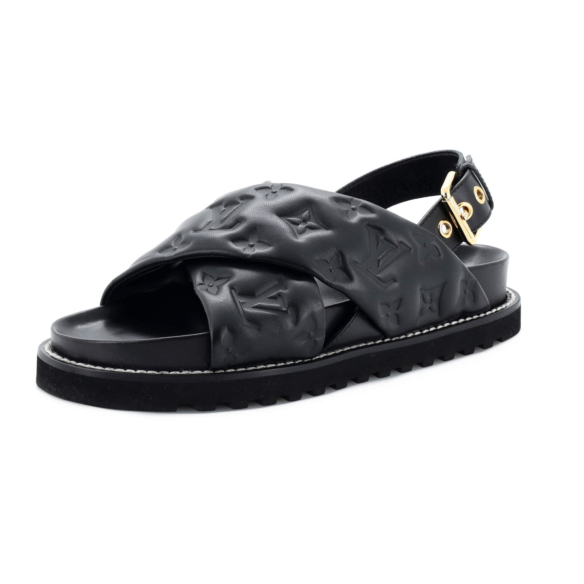 Pre-owned Louis Vuitton Black Monogram Embossed Leather Paseo Flat Sandals  Size 39