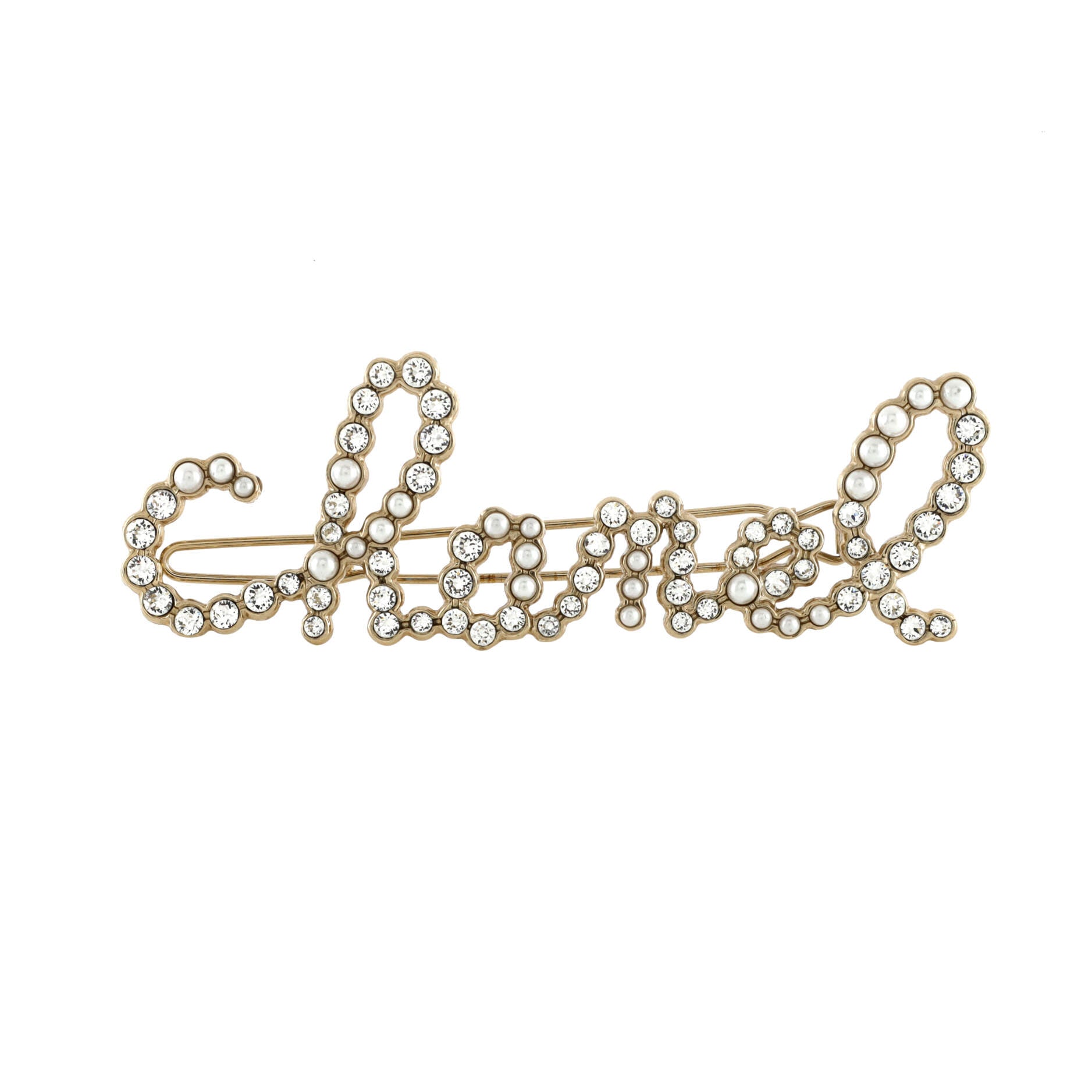 Swirling Logo Hair Clip Metal with Crystals and Faux Pearls