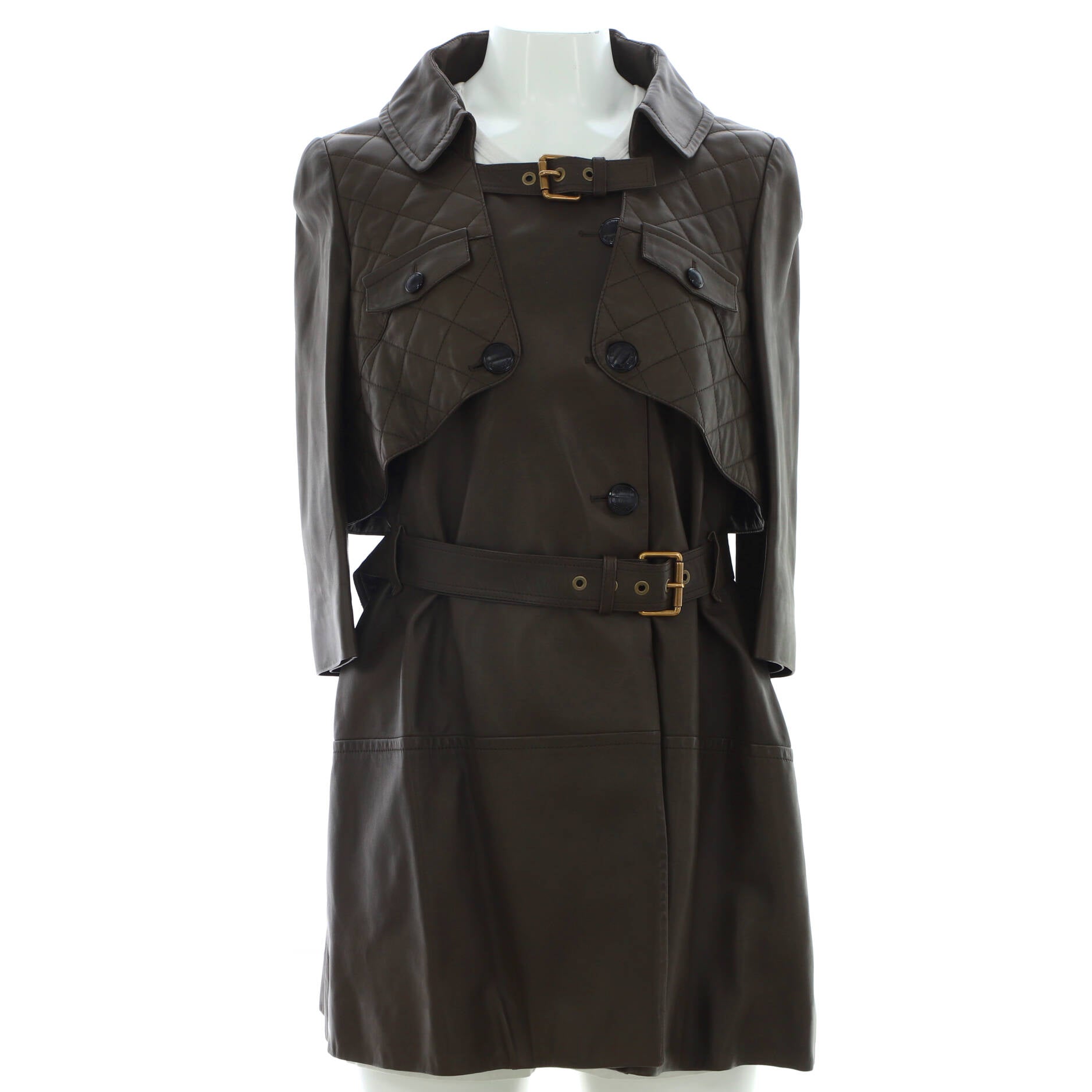 Women's Two Pocket Belted Coat Leather with Quilted Detail