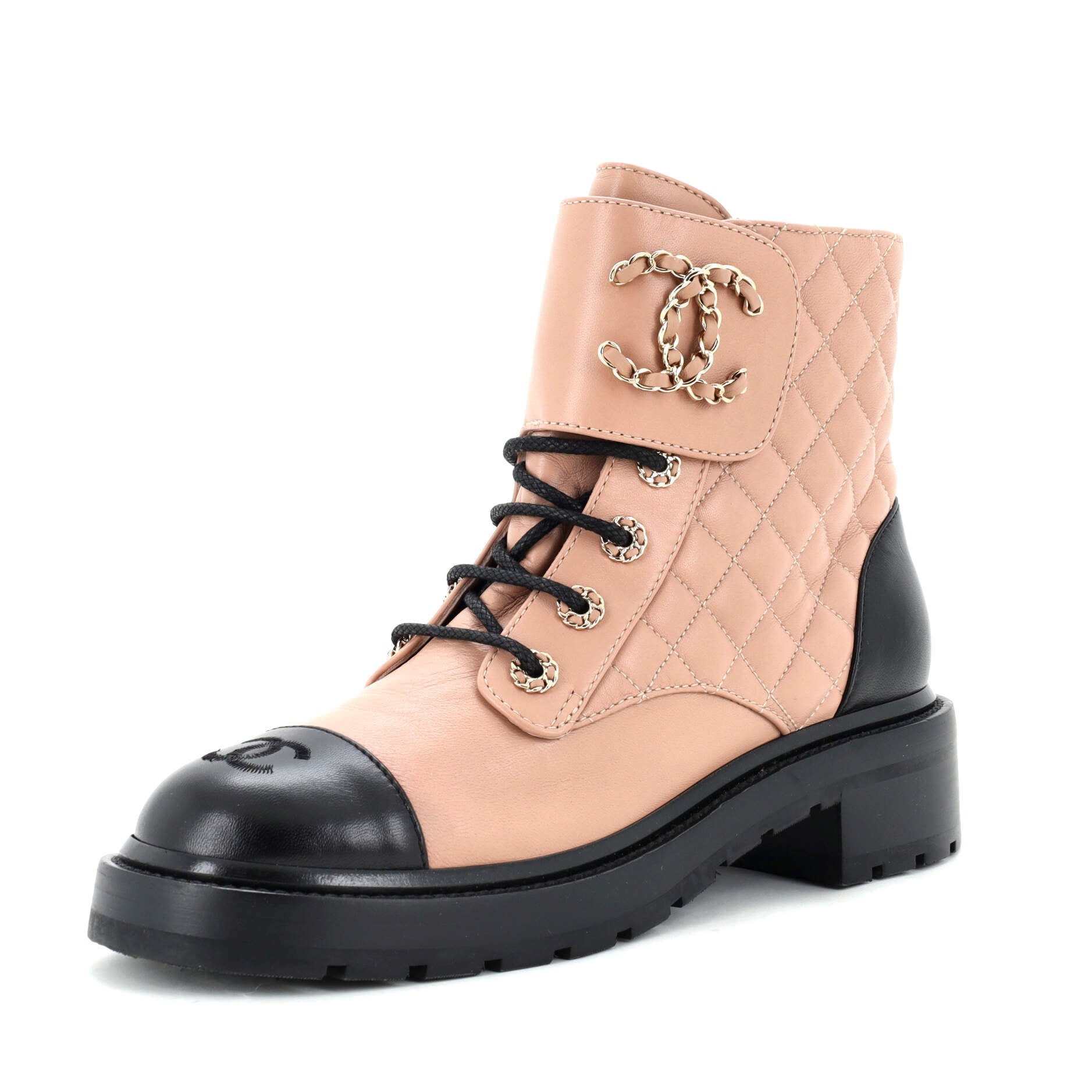 Women's Chain CC Cap Toe Lace Up Combat Boots Quilted Leather