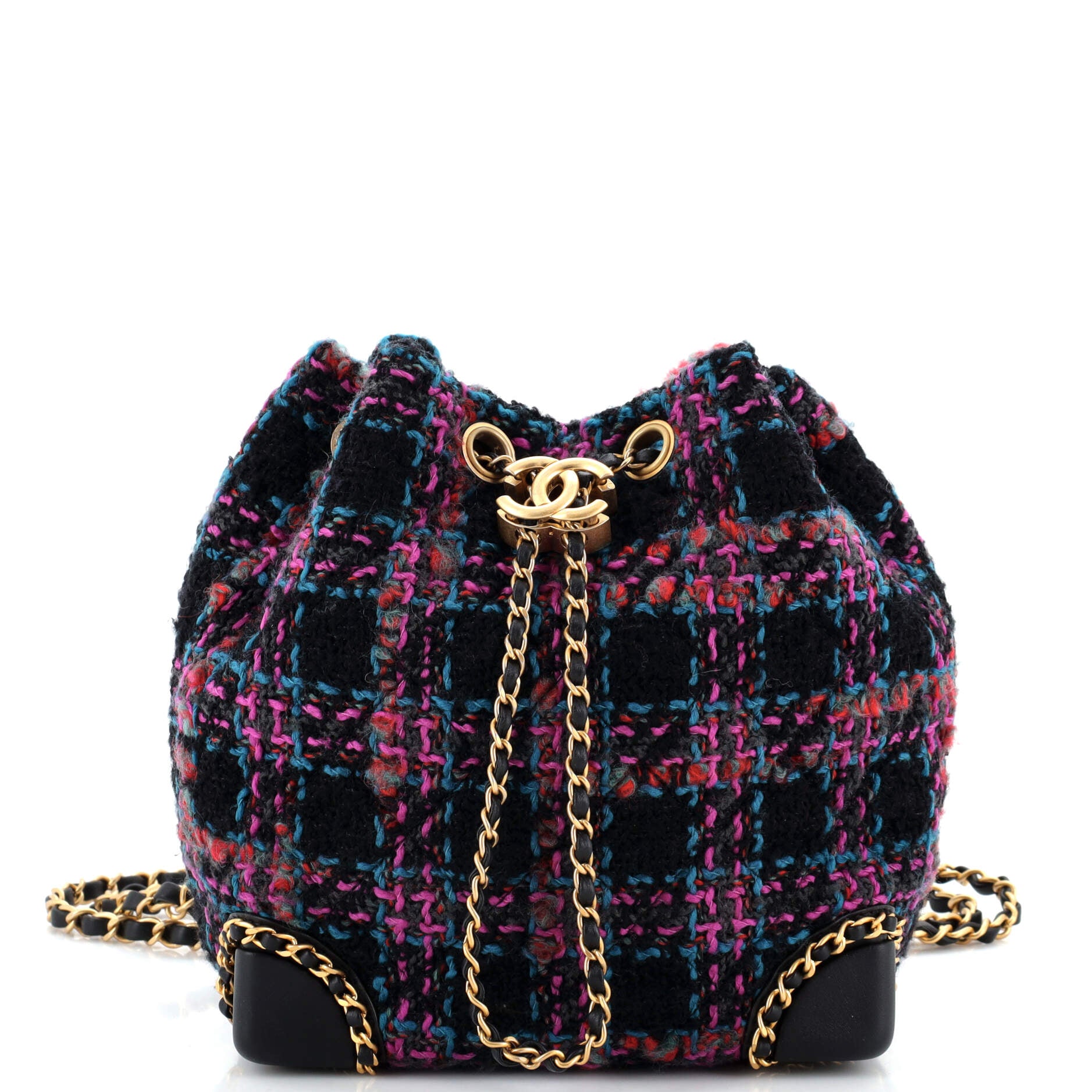 Chained Drawstring CC Bucket Backpack Quilted Houndstooth Tweed Small