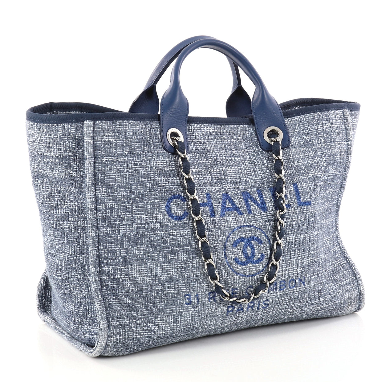 Buy Chanel Deauville Chain Tote Tweed Large Blue 2983501