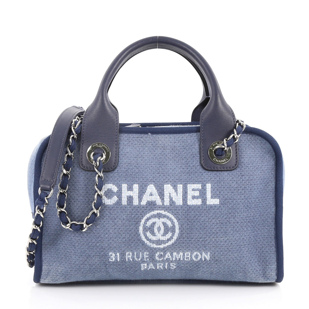 Chanel Deauville Bowling Bag in Midnight Blue Canvas & Black Calfskin - SOLD