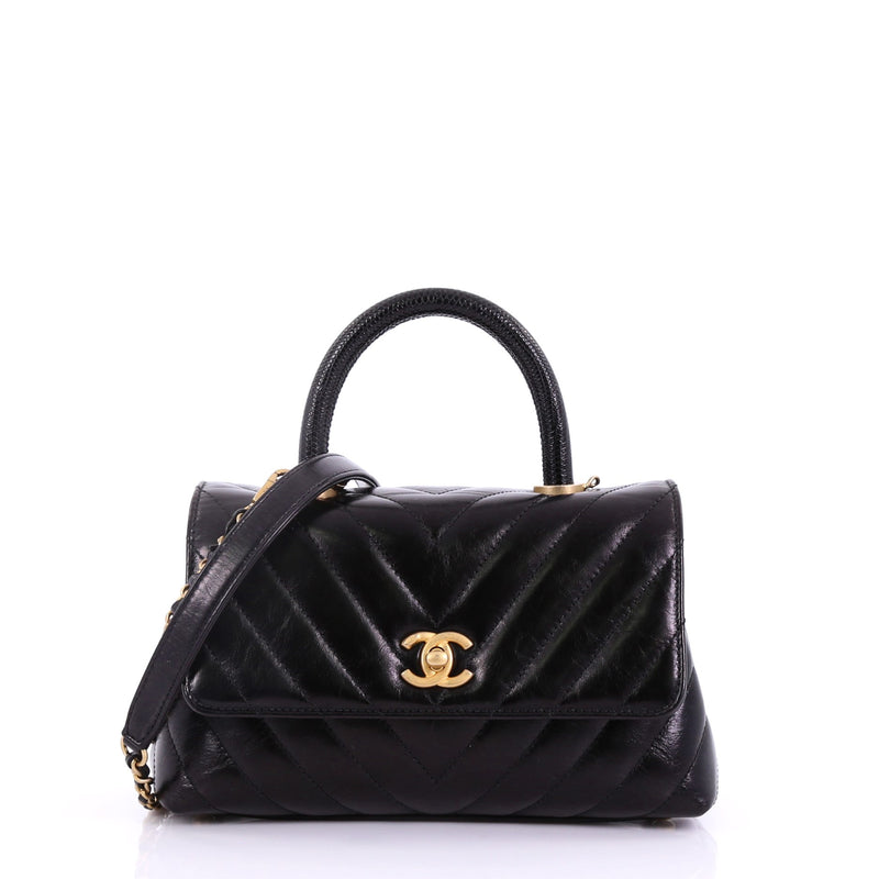 Chanel Coco Top Handle Bag Chevron Calfskin with Lizard Mini 398621 – Rebag
