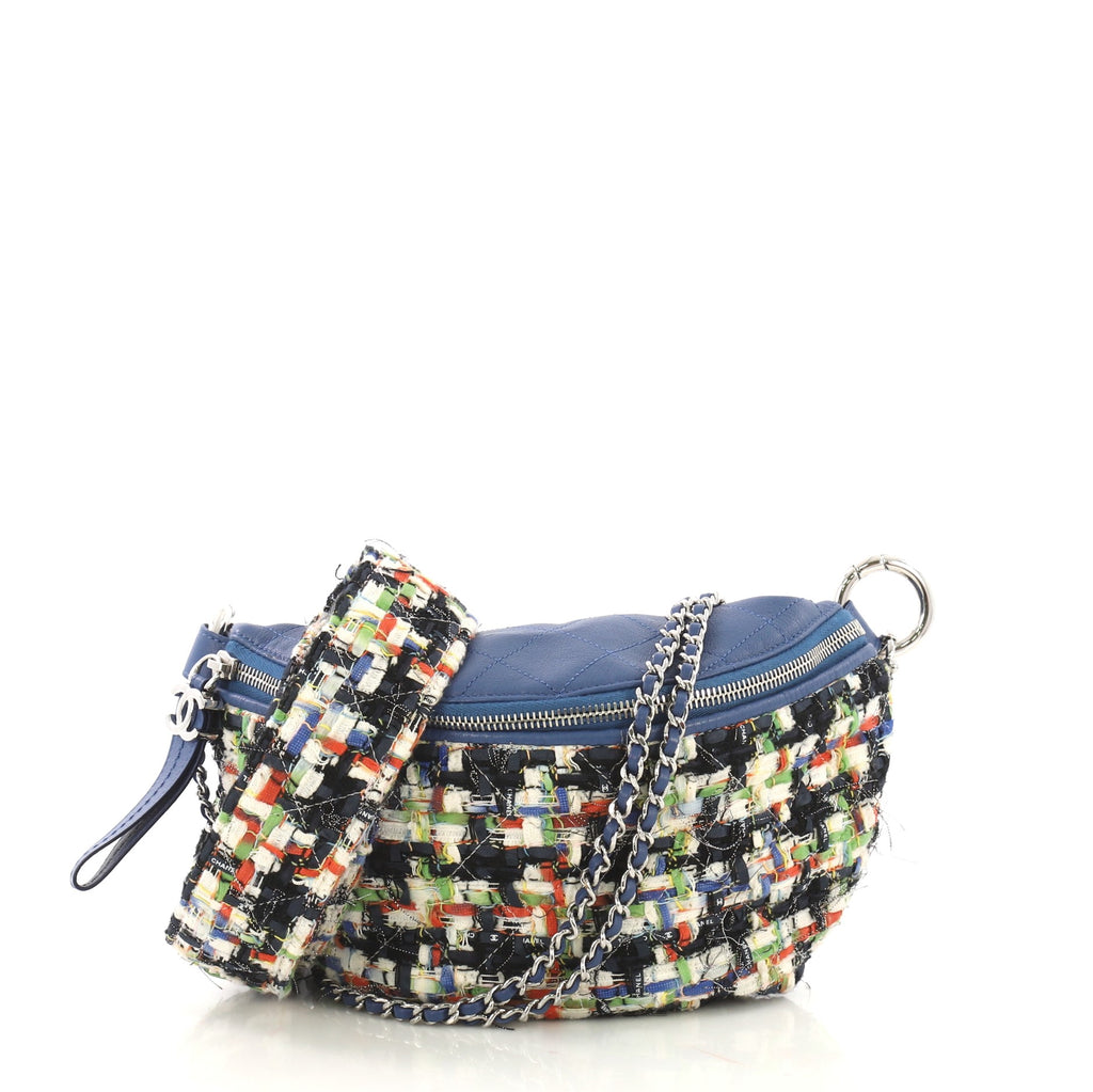 Chanel Convertible Waist Bag Tweed with Quilted Leather Blue 408847