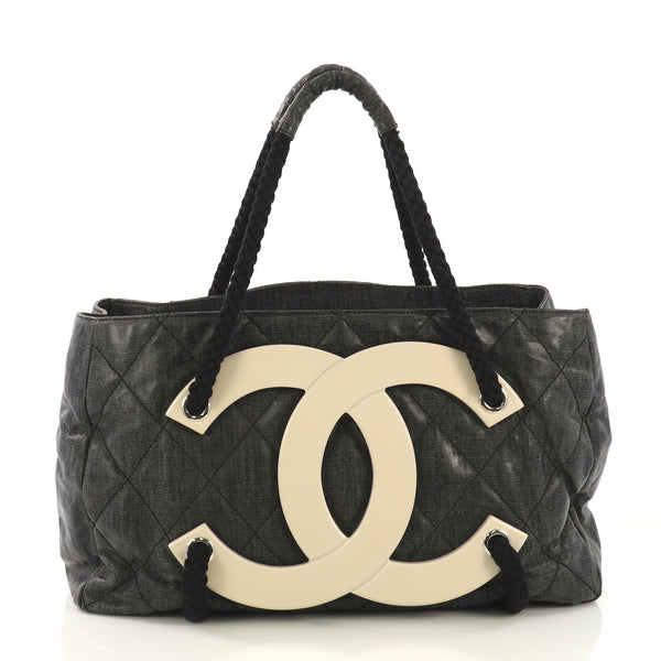 Chanel CC Beach Tote Quilted Coated Canvas Large Black 410457