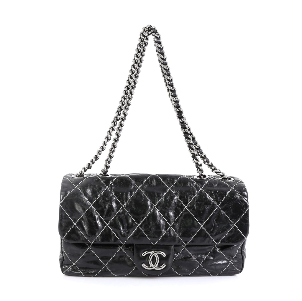 Chanel Double Stitch Flap Bag Quilted Glazed Calfskin Medium Black ...