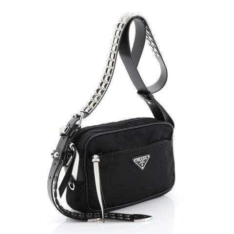 Prada New Vela Shoulder Bag Tessuto with Studded Leather Small Black ...