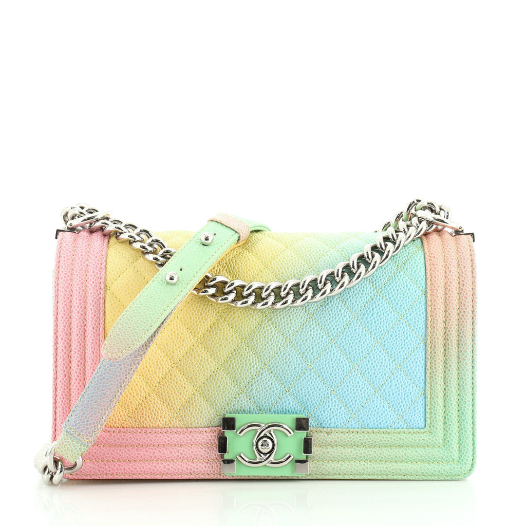 Chanel Rainbow Boy Flap Bag Quilted Painted Caviar Old Medium Green 4812615