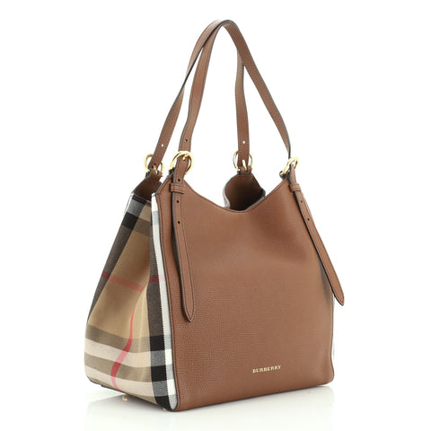Burberry Canterbury Tote Leather and House Check Canvas Small Brown 481991