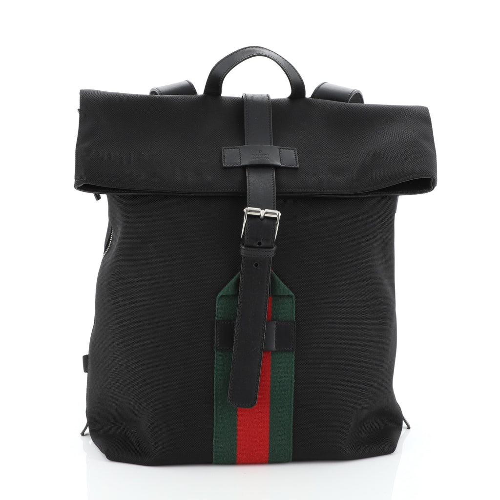 Gucci Web Fold Over Backpack Techno Canvas Medium Black 487191 – Rebag