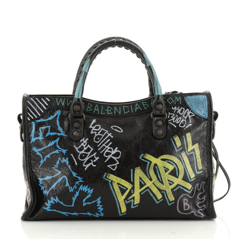 Balenciaga City Graffiti Classic Studs Bag Leather Small Black 489201