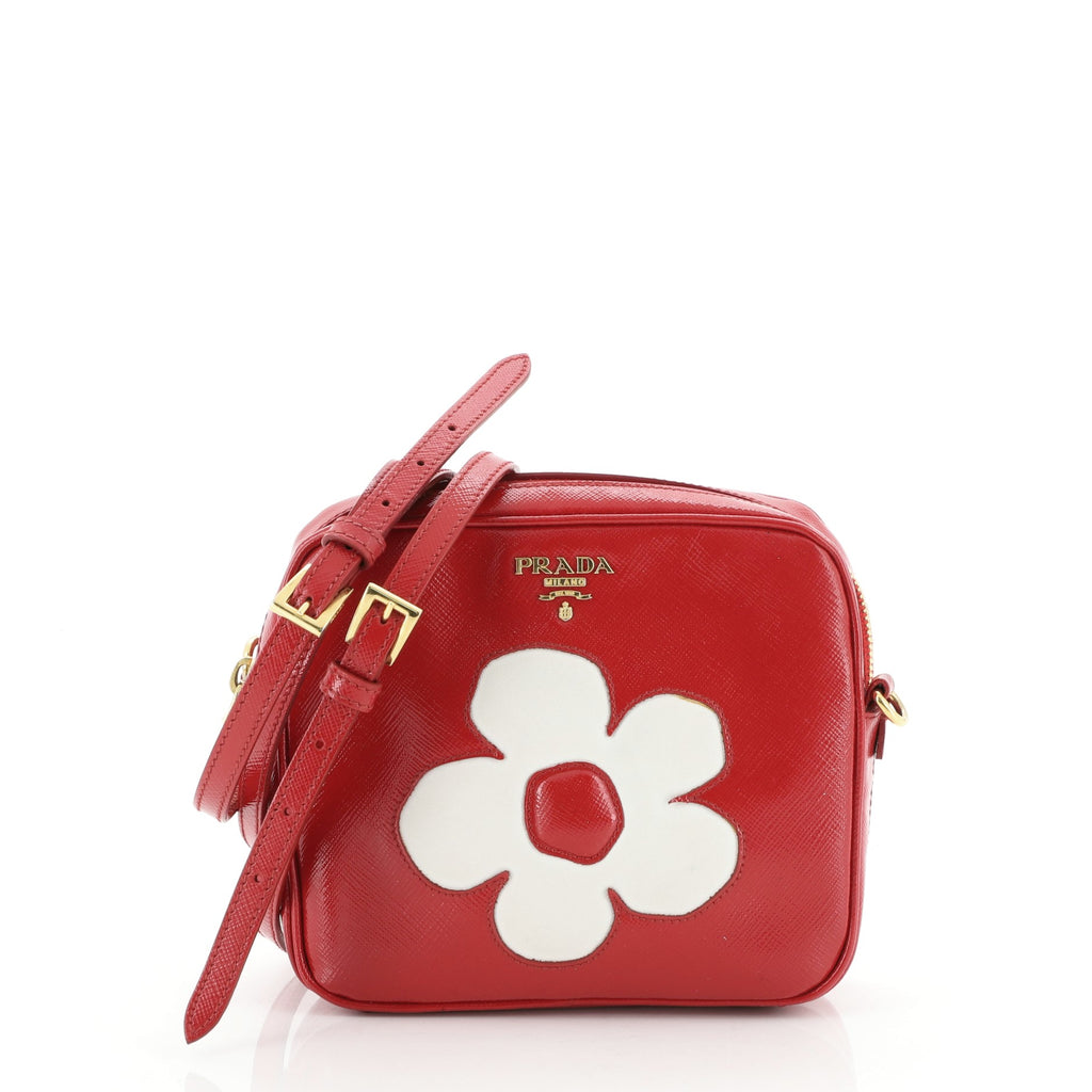 Prada Flowers Crossbody Bag Vernice Saffiano Leather Small Red 5012821