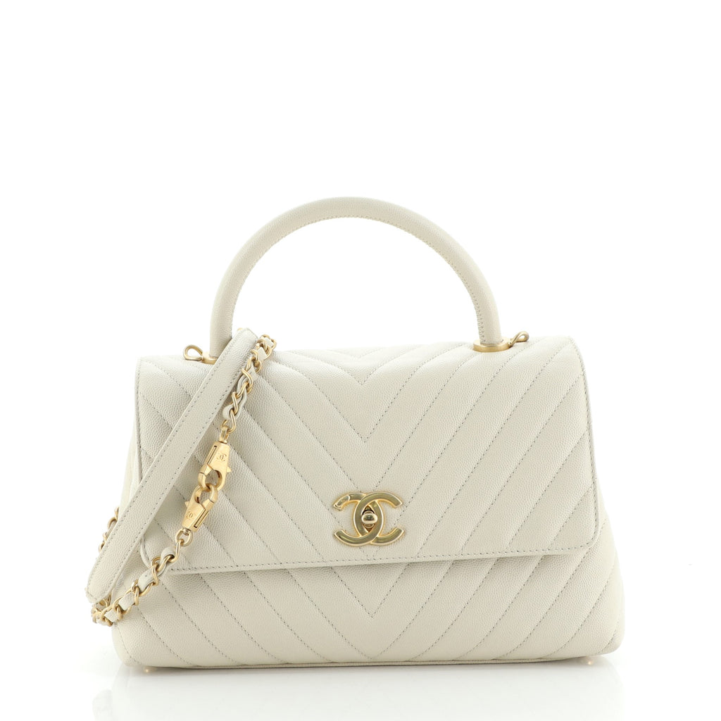 Chanel Coco Top Handle Bag Chevron Caviar Small White 5632222