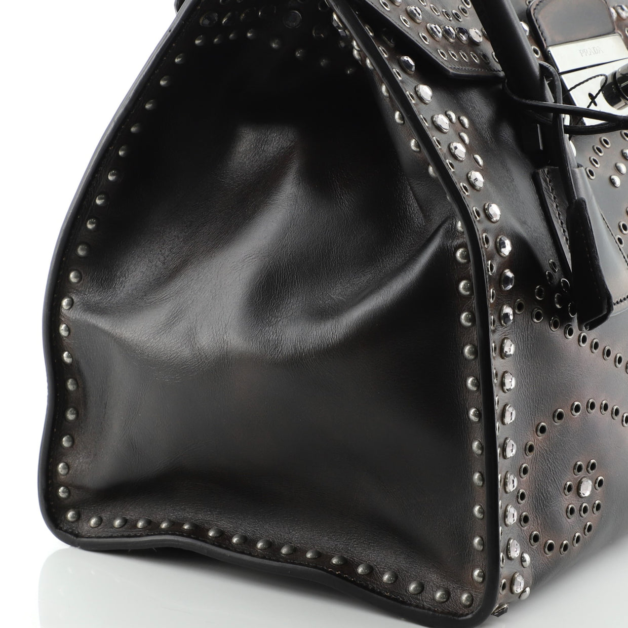 Prada Twin Pocket Lock Flap Tote Studded Vitello Vintage Medium Black