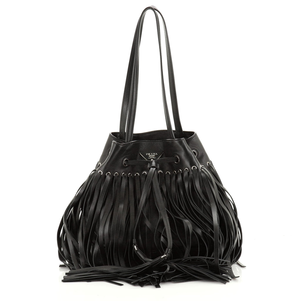 Prada Fringe Bucket Bag Soft Calfskin Large Black 5734088