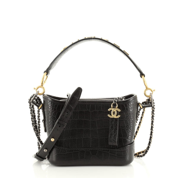 Chanel Gabrielle Hobo With Logo Handle Crocodile Embossed Calfskin Small Black