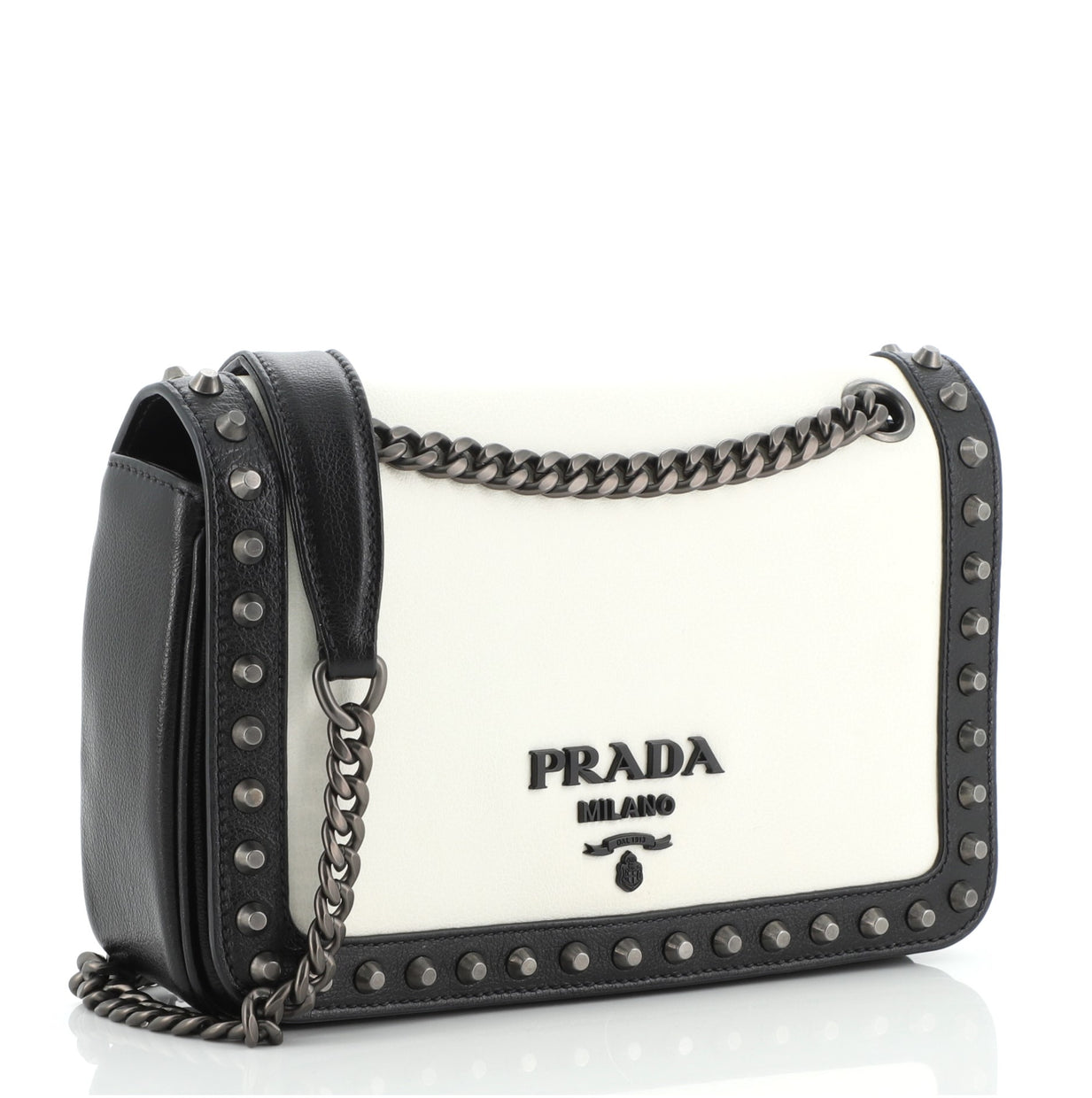 Prada Chain Flap Bag Studded Glace Calf Small at 1stDibs