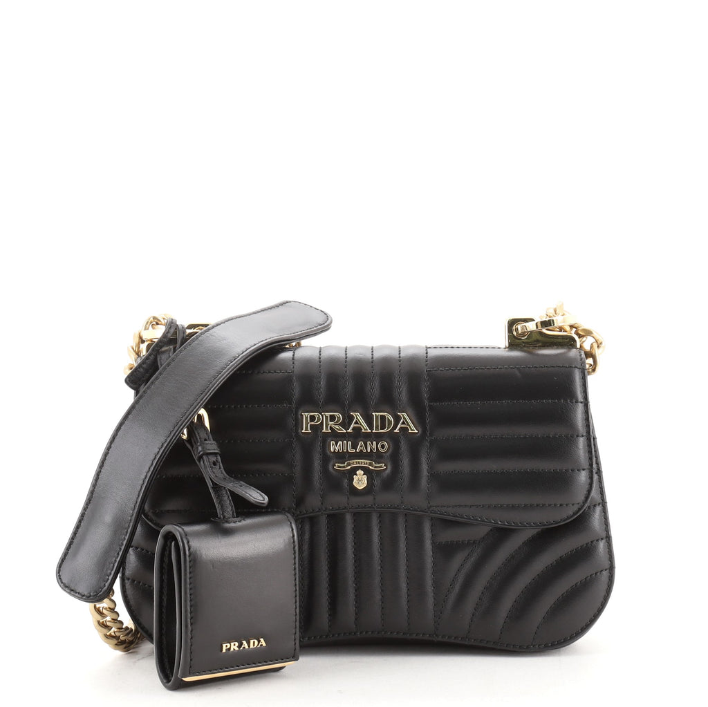 Prada Curved Flap Chain Shoulder Bag Diagramme Quilted Leather Small Black  62141128