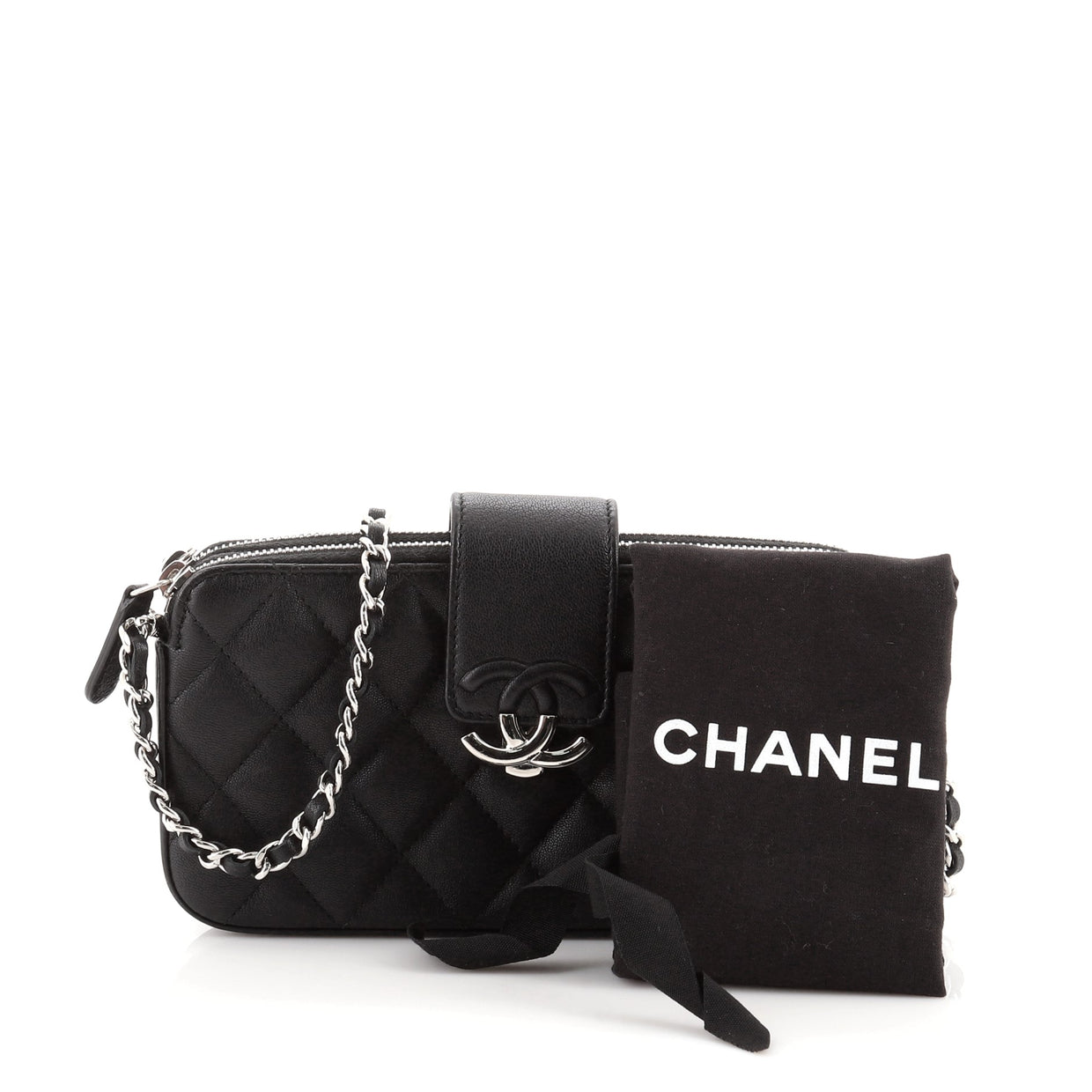 Chanel CC Box Double Zip Clutch with Chain Quilted Goatskin Black 718821