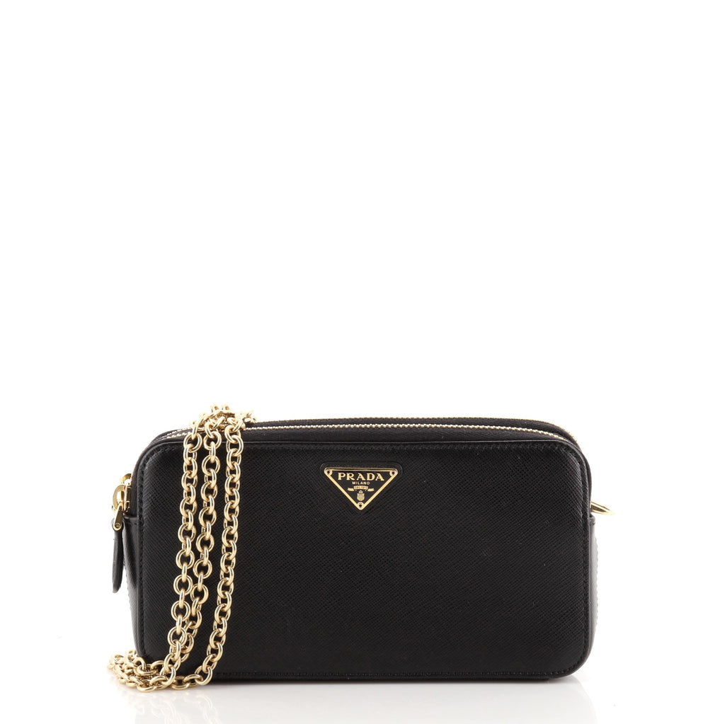 Prada Double Zip Wallet on Chain Crossbody Saffiano Leather Mini Black  72170230