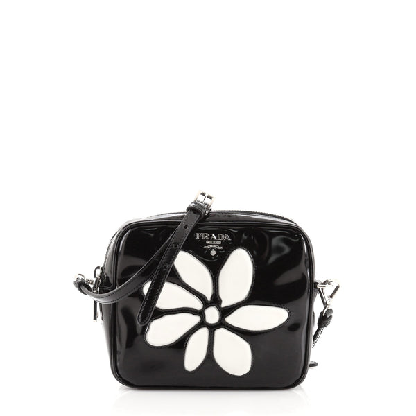 Prada Flowers Crossbody Bag Vernice Saffiano Leather Small Black 721721